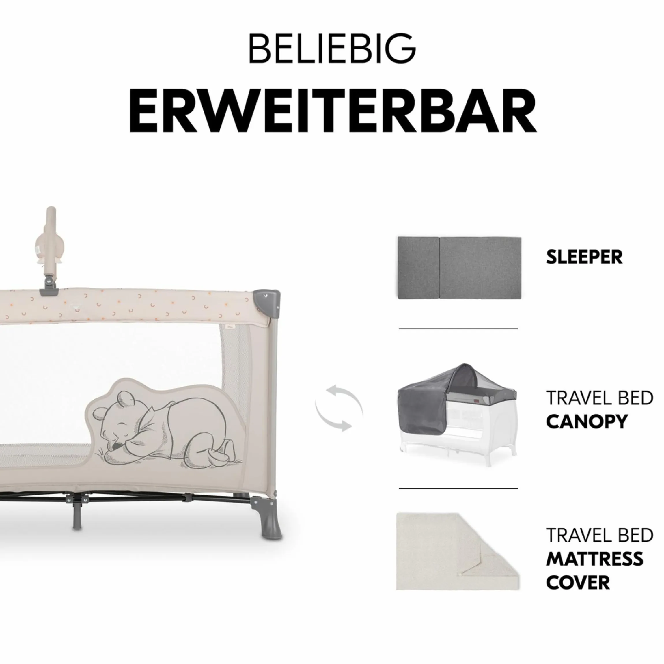 Reisebett Dream`n Play Go - mit Rollen und Spielbogen - Disney - Pooh Rainbow Beige