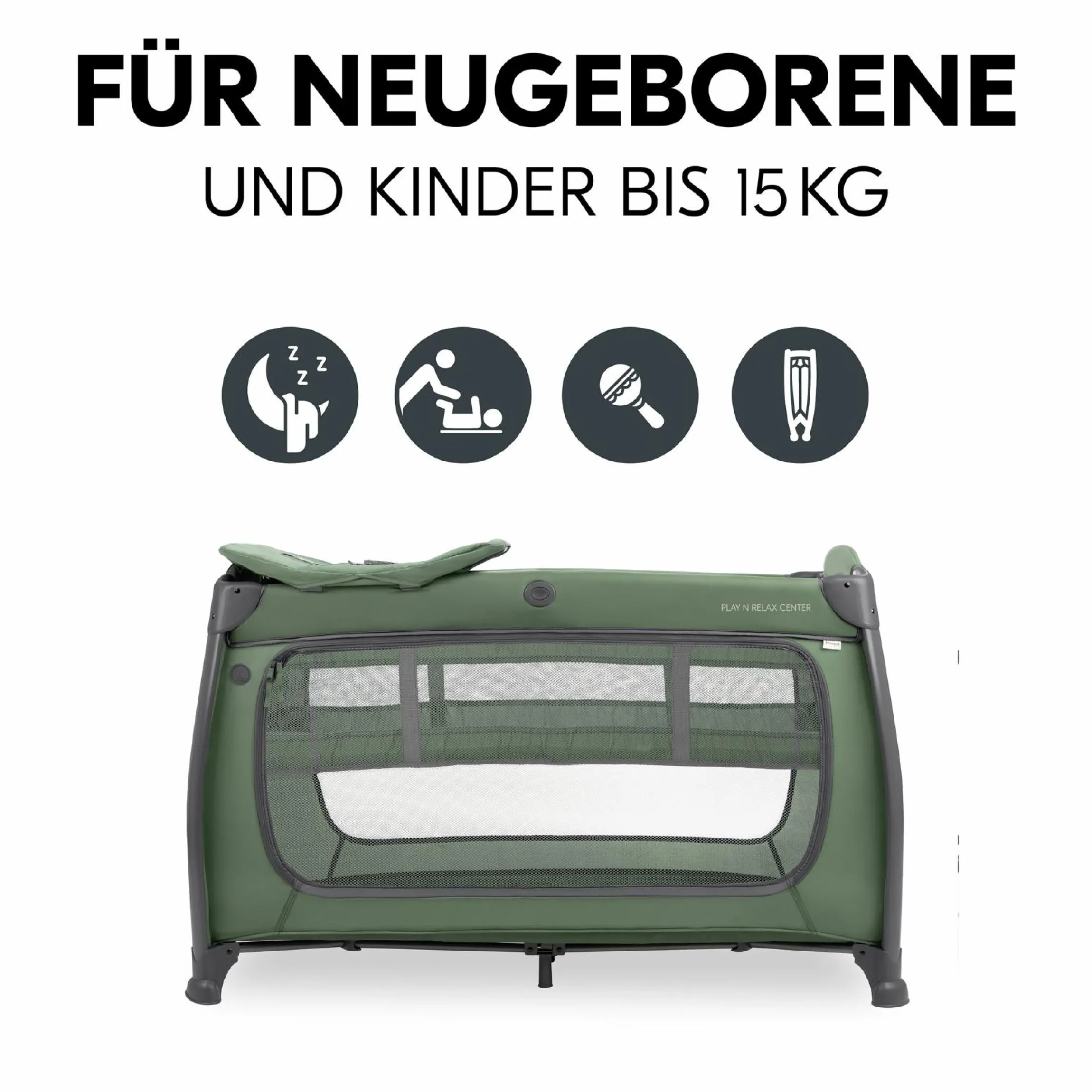 Reisebett Play N Relax Center mit Wickelauflage, höhenverstellbar und seitlichem Einstieg - Dark Green