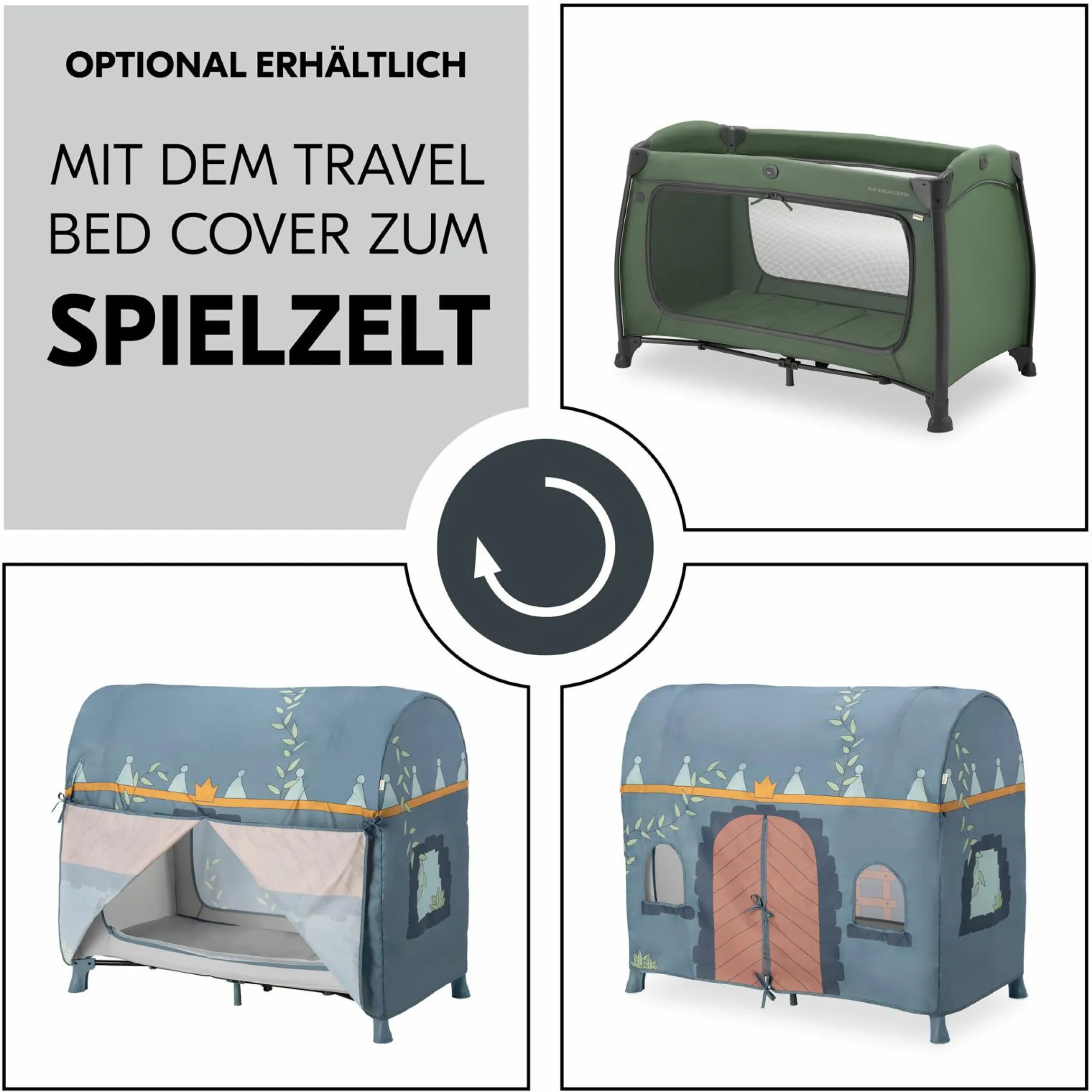 Reisebett Play N Relax Center mit Wickelauflage, höhenverstellbar und seitlichem Einstieg - Dark Green