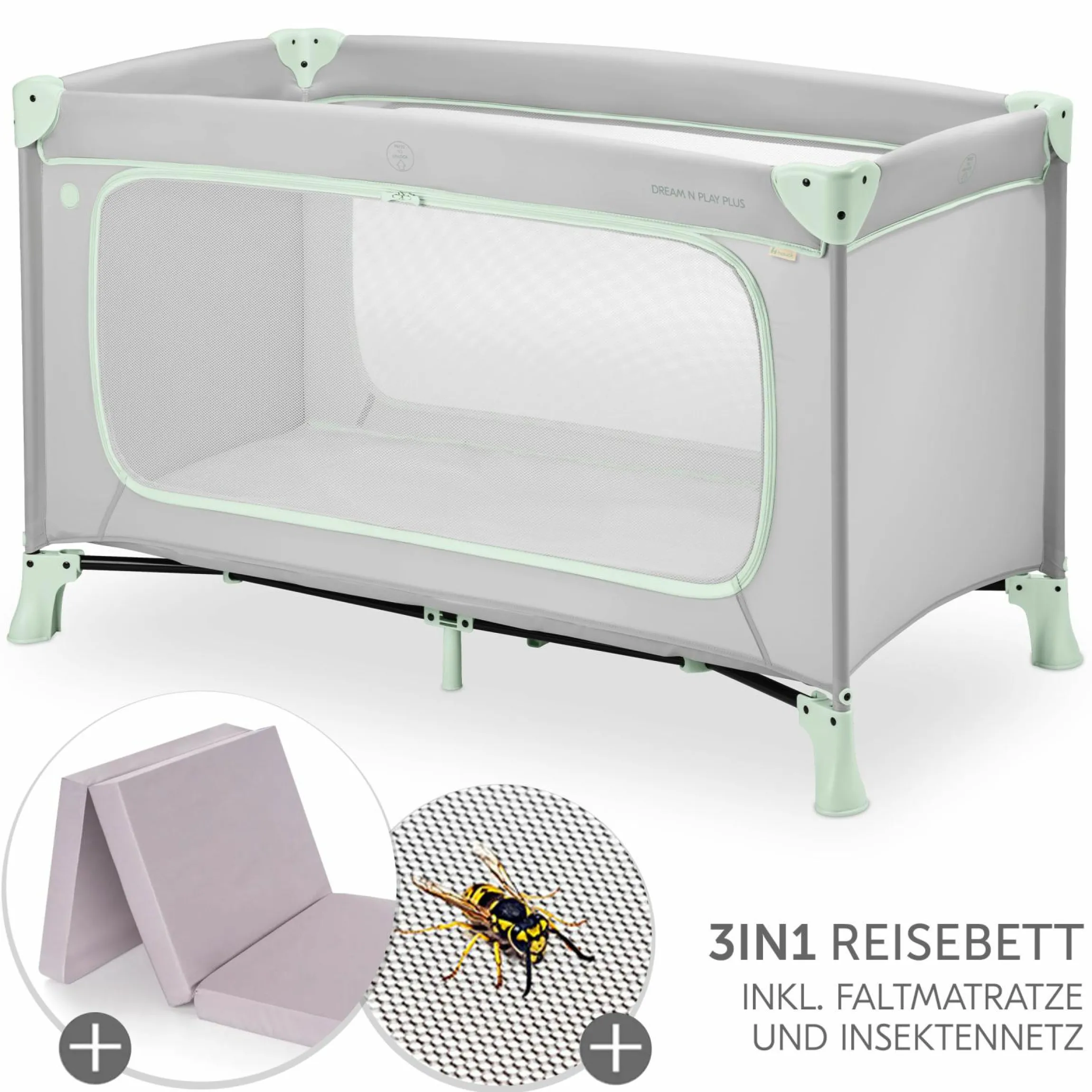 Reisebett Set Dream N Play Plus inkl. Alvi Reisebett-Matratze & Insektenschutz - Dusty Mint