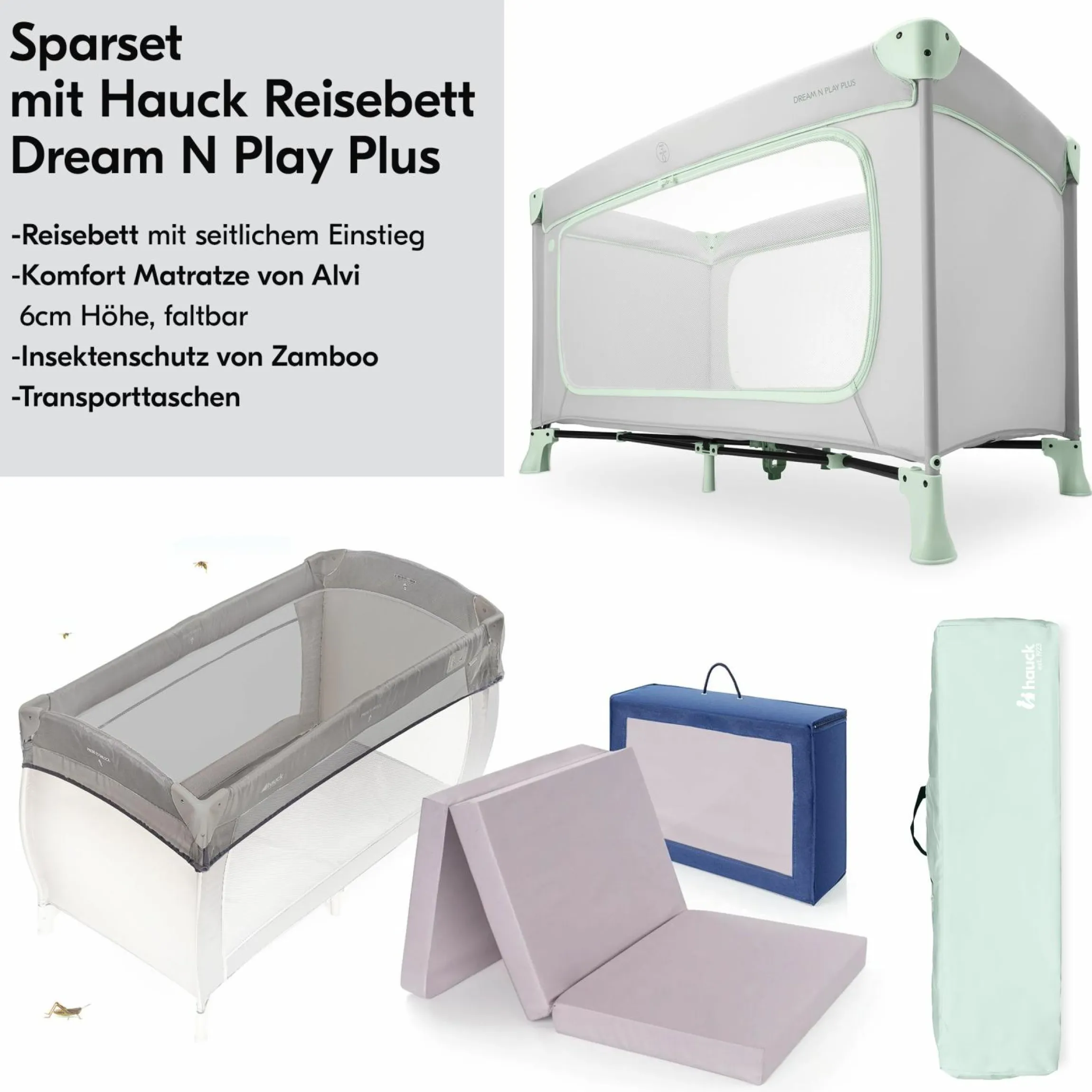 Reisebett Set Dream N Play Plus inkl. Alvi Reisebett-Matratze & Insektenschutz - Dusty Mint