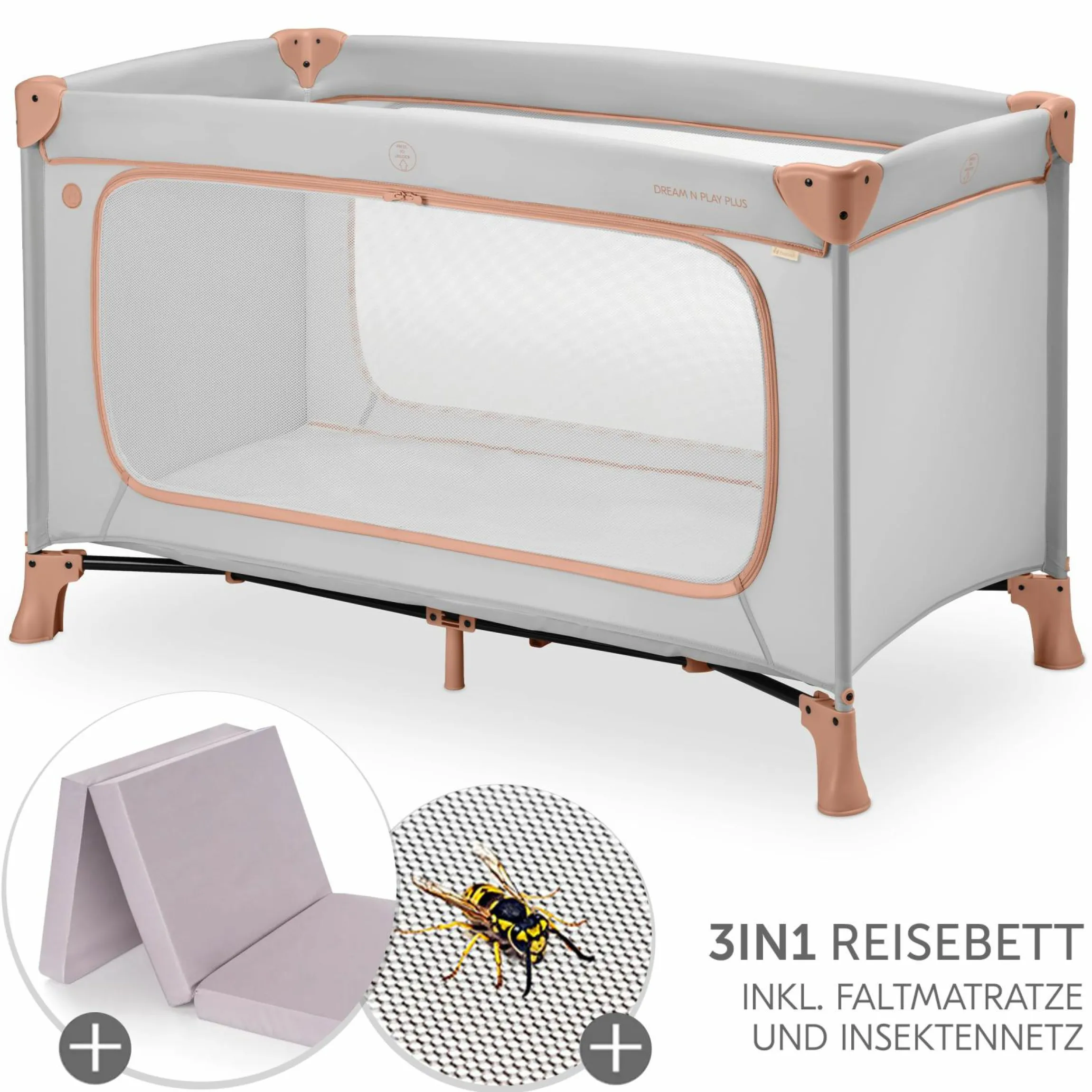 Reisebett Set Dream N Play Plus inkl. Alvi Reisebett-Matratze & Insektenschutz - Dusty Cork