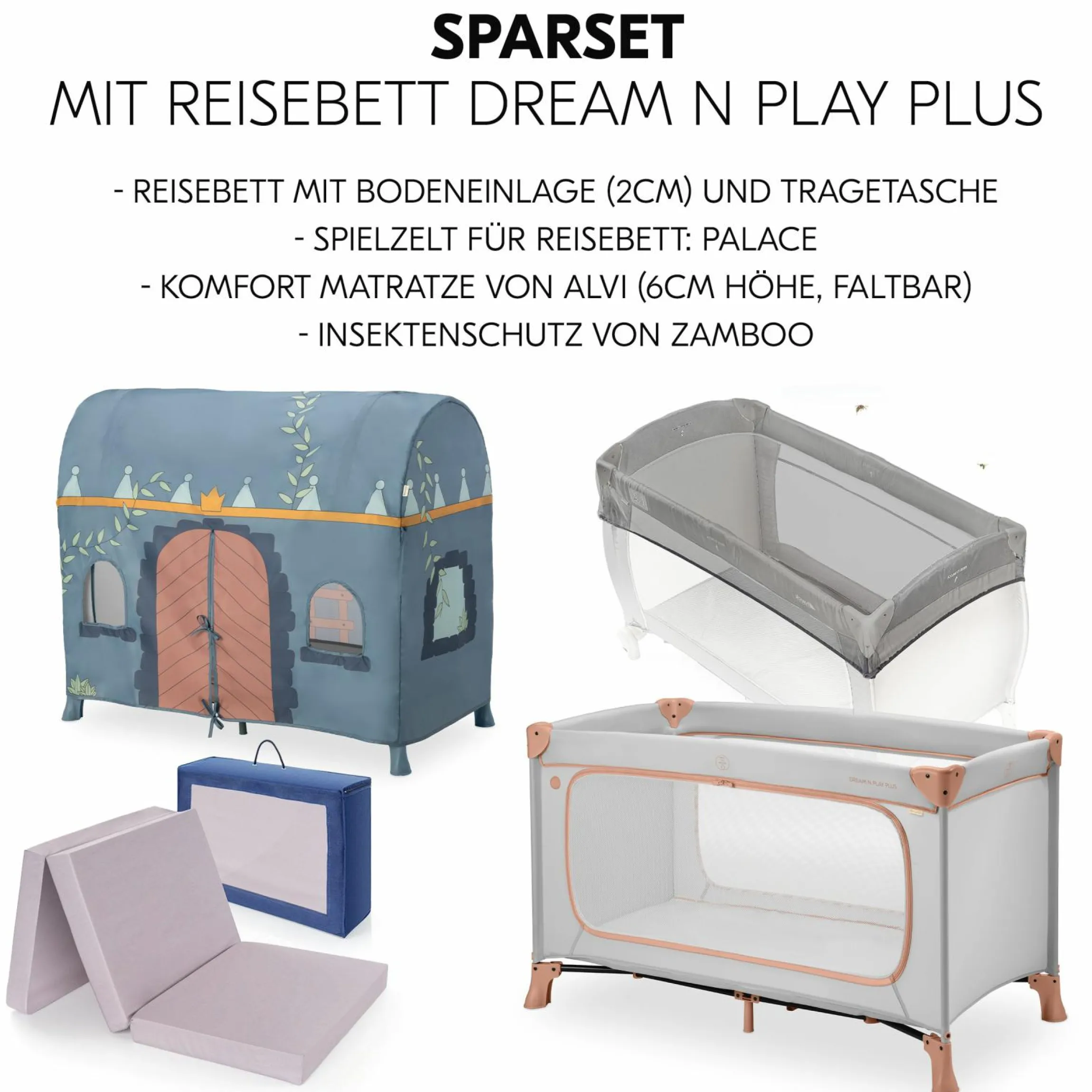 Reisebett Set Dream N Play Plus inkl. Spielzelt, Alvi Reisebett-Matratze & Insektenschutz - Dusty Cork / Palace