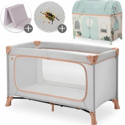 Reisebett Set Dream N Play Plus inkl. Spielzelt, Alvi Reisebett-Matratze & Insektenschutz - Dusty Cork / Plants