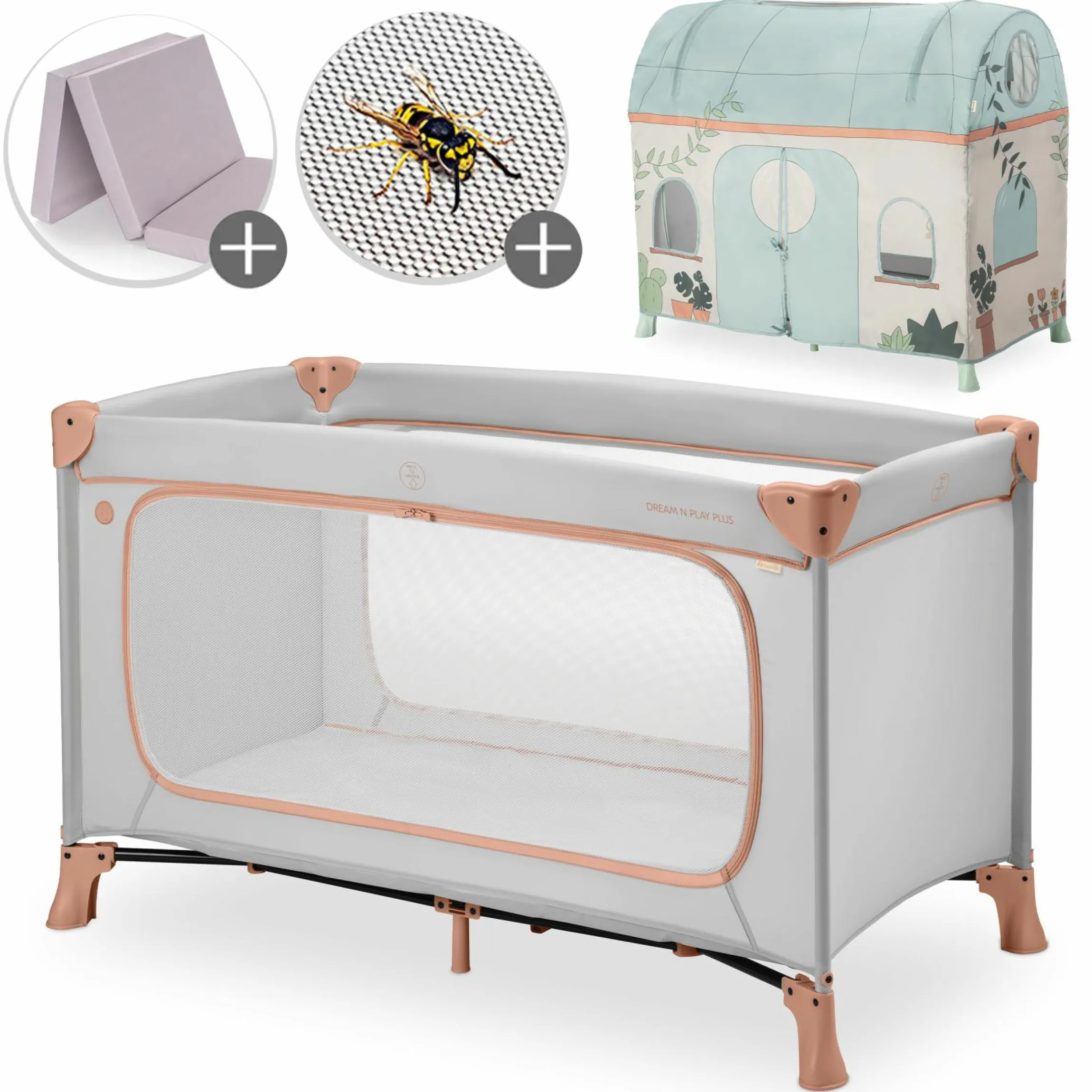 Reisebett Set Dream N Play Plus inkl. Spielzelt, Alvi Reisebett-Matratze & Insektenschutz - Dusty Cork / Plants