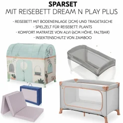 Reisebett Set Dream N Play Plus inkl. Spielzelt, Alvi Reisebett-Matratze & Insektenschutz - Dusty Cork / Plants