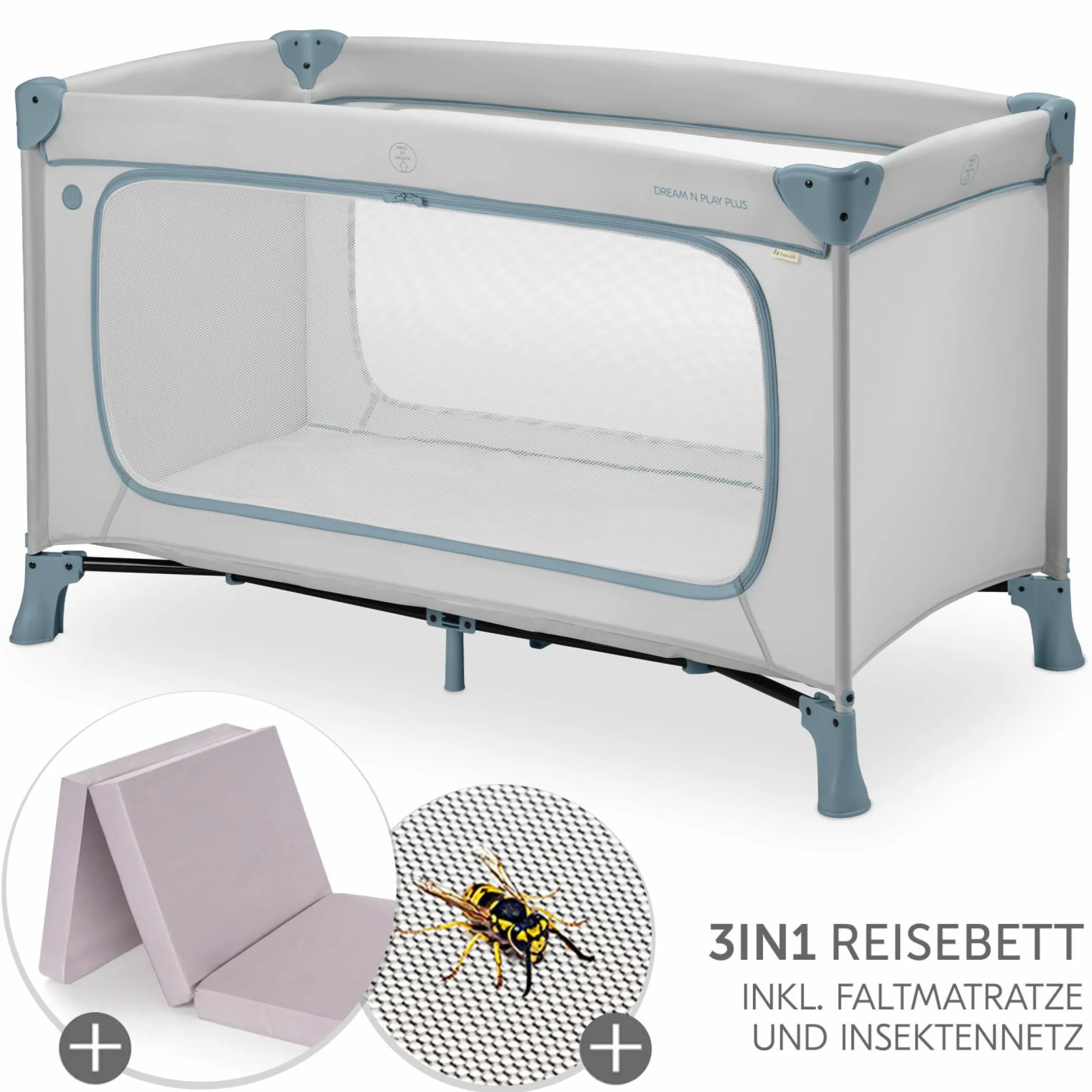 Reisebett Set Dream N Play Plus inkl. Alvi Reisebett-Matratze & Insektenschutz - Dusty Blue