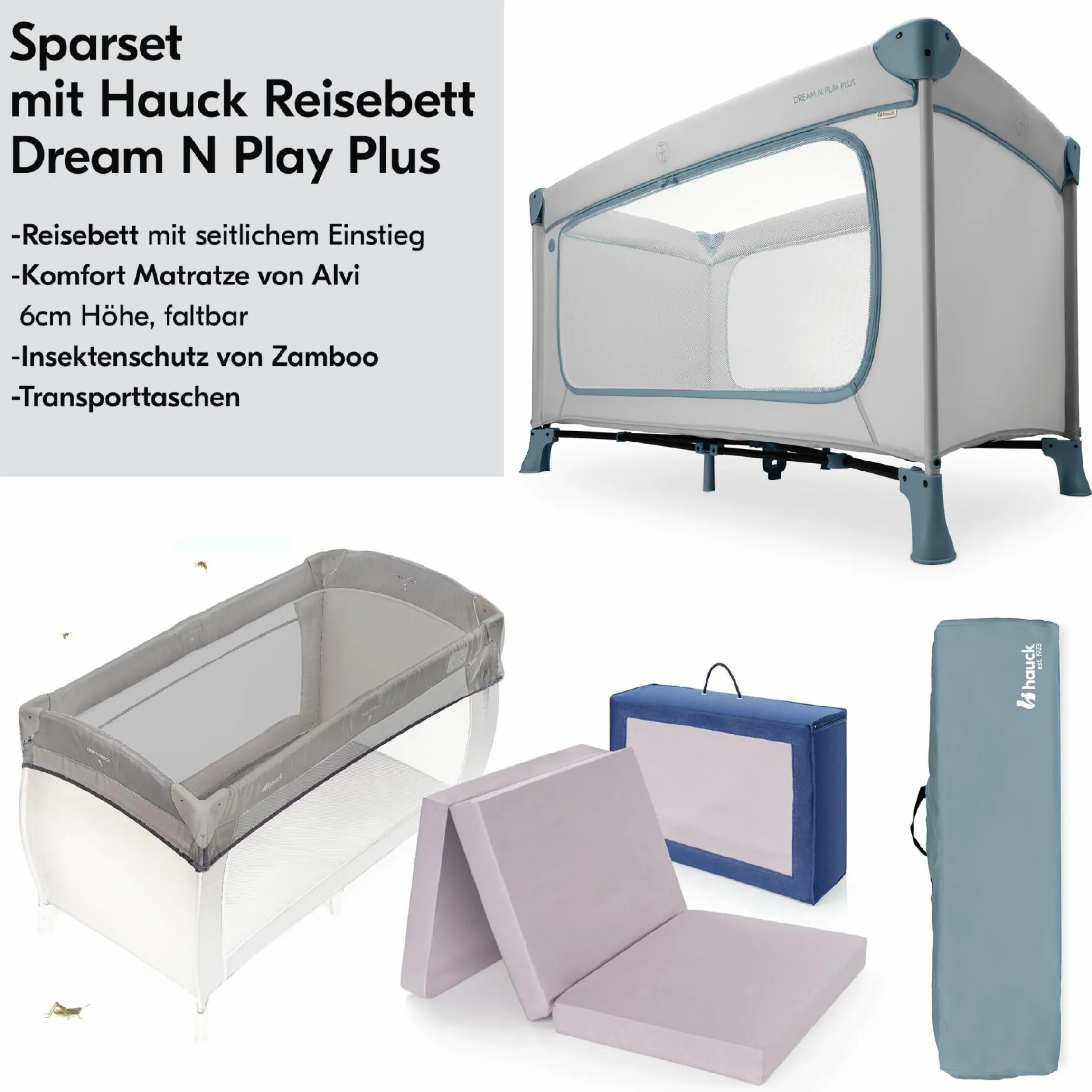 Reisebett Set Dream N Play Plus inkl. Alvi Reisebett-Matratze & Insektenschutz - Dusty Blue