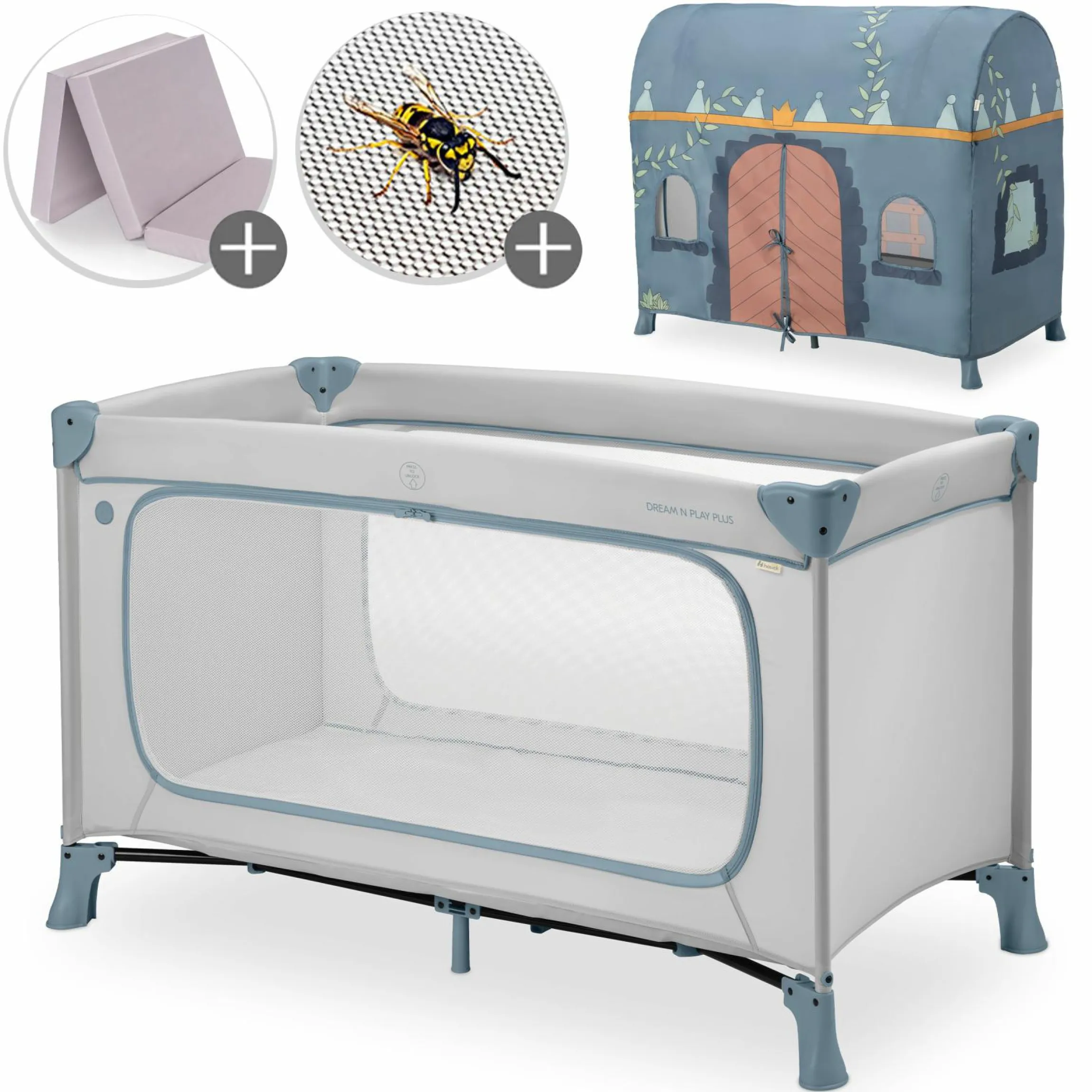 Reisebett Set Dream N Play Plus inkl. Spielzelt, Alvi Reisebett-Matratze & Insektenschutz - Dusty Blue / Palace
