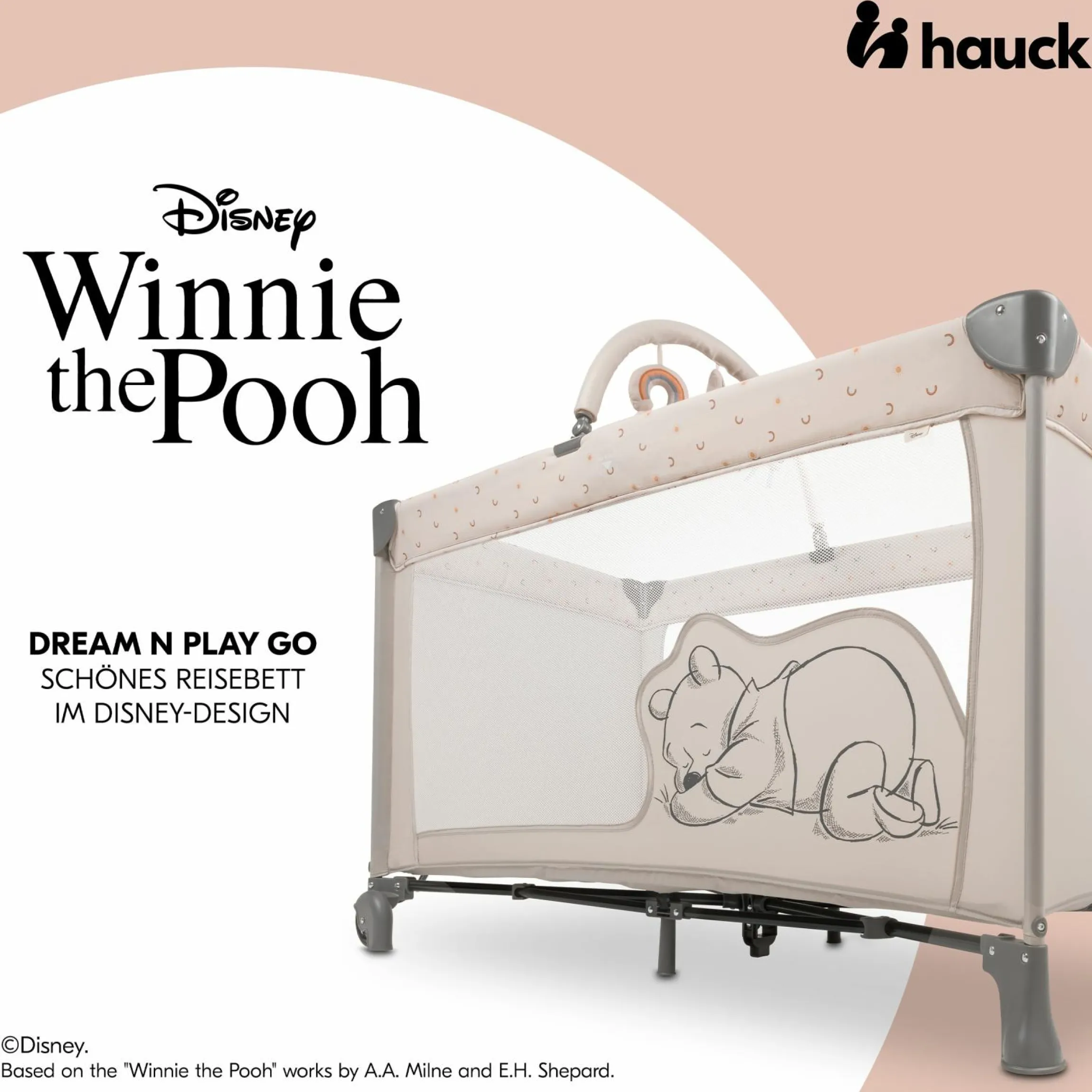 Reisebett Set Dream`n Play Go inkl. Alvi Reisebett-Matratze & Insektenschutz + GRATIS Langarmbody 4er Pack - Disney - Pooh Rainbow Beige