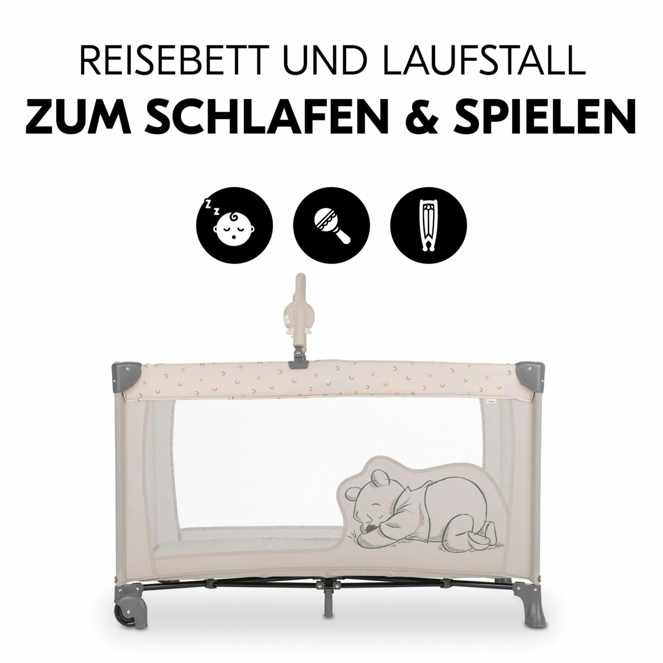 Reisebett Set Dream`n Play Go inkl. Alvi Reisebett-Matratze & Insektenschutz + GRATIS Langarmbody 4er Pack - Disney - Pooh Rainbow Beige