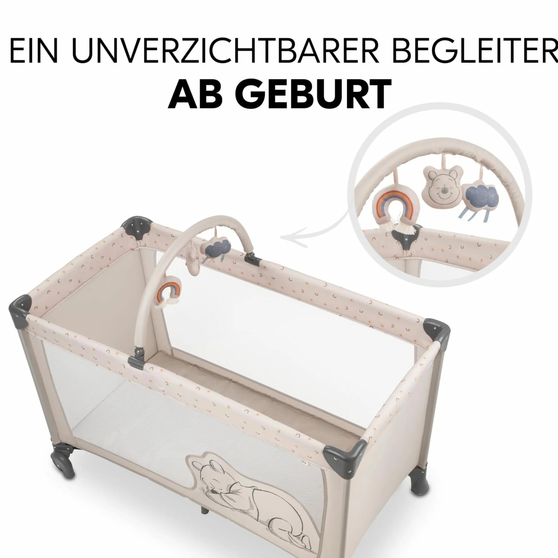 Reisebett Set Dream`n Play Go inkl. Alvi Reisebett-Matratze & Insektenschutz + GRATIS Langarmbody 4er Pack - Disney - Pooh Rainbow Beige