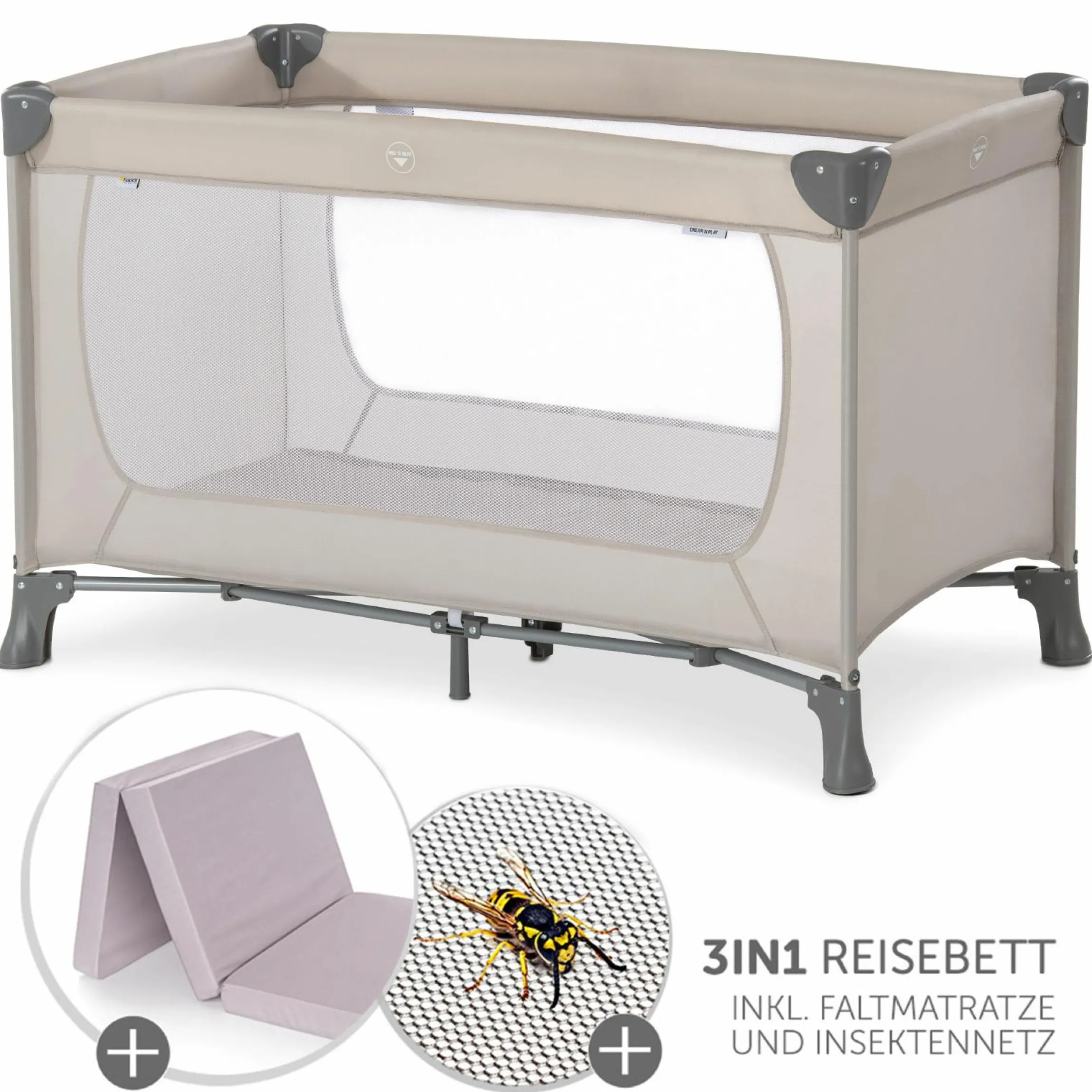 Reisebett Set Dream'n Play inkl. Alvi Reisebett Matratze & Insektenschutz - Beige