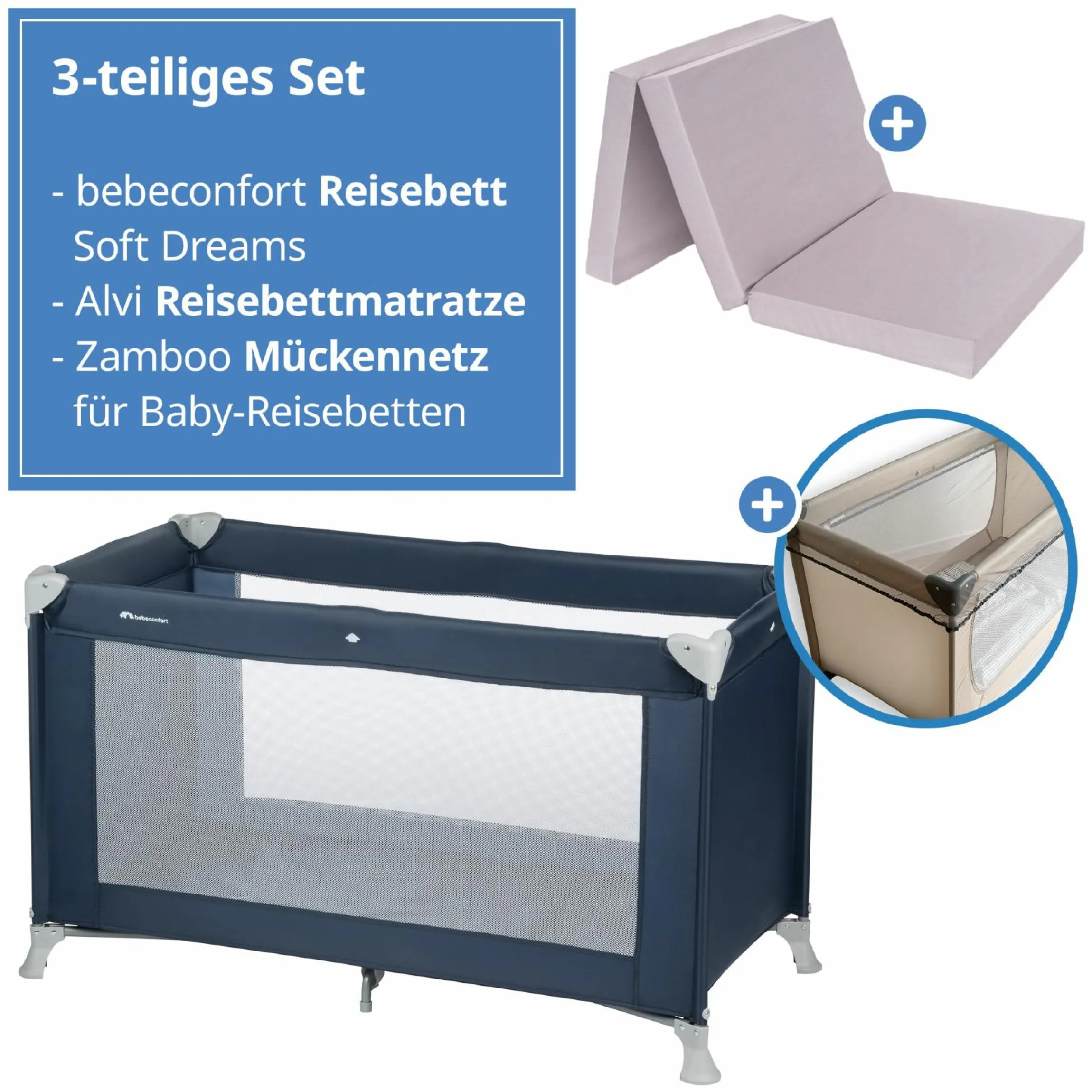 Reisebett Set Soft Dreams ab Geburt bis 15 kg mit Alvi Reisebett-Matratze, Insektenschutz & Transporttasche - Navy Blue
