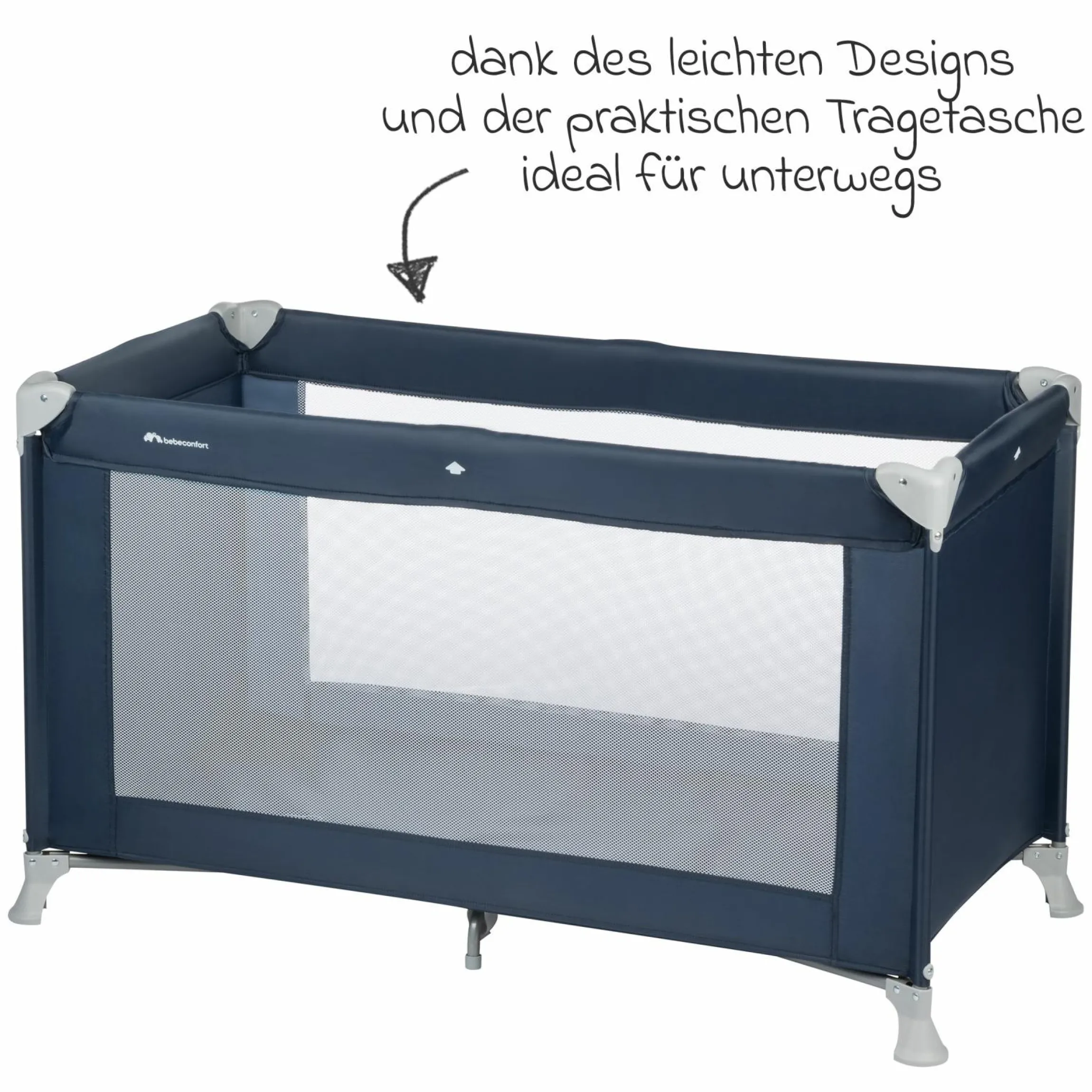 Reisebett Set Soft Dreams ab Geburt bis 15 kg mit Alvi Reisebett-Matratze, Insektenschutz & Transporttasche - Navy Blue