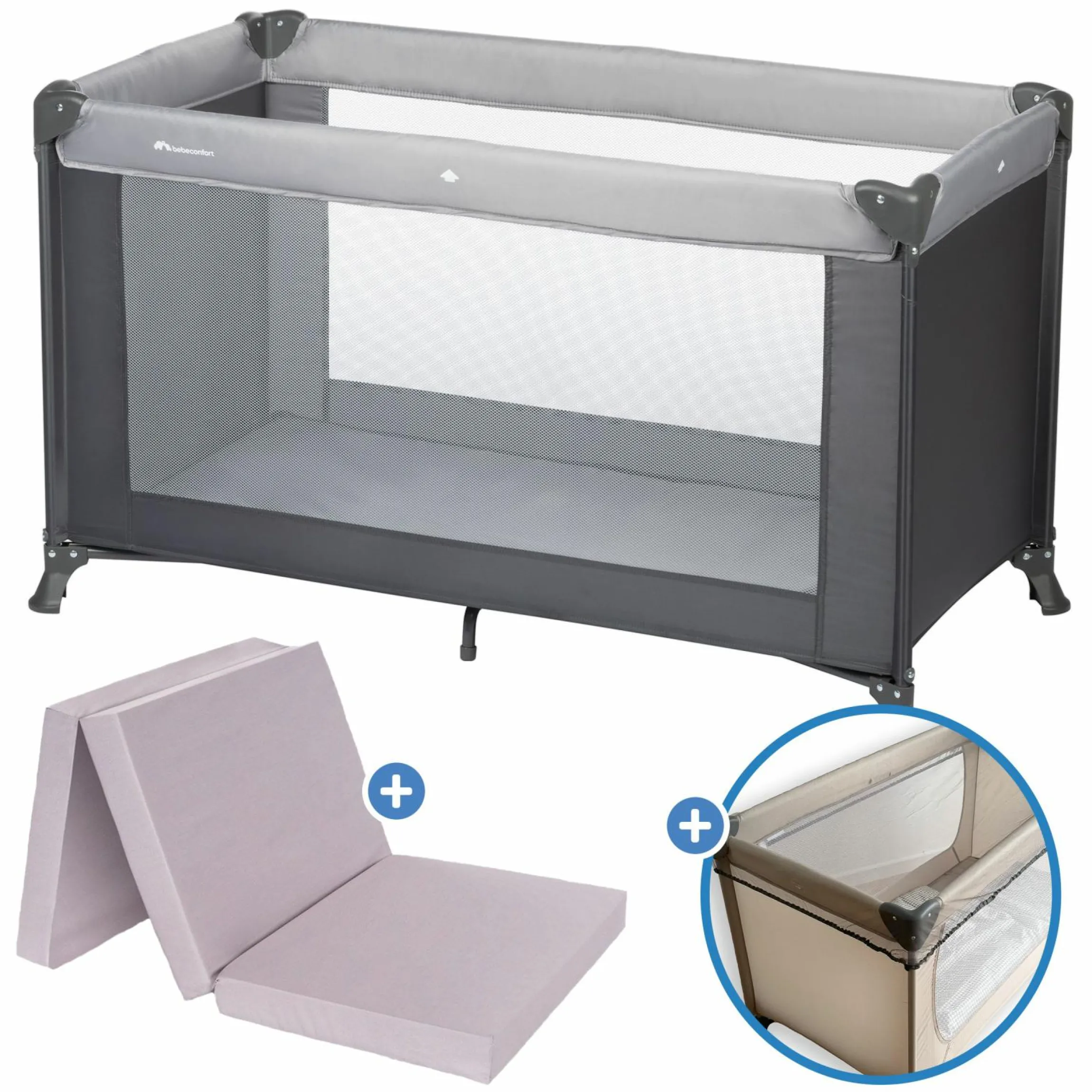 Reisebett Set Soft Dreams ab Geburt bis 15 kg mit Alvi Reisebett-Matratze, Insektenschutz & Transporttasche - Tinted Graphite