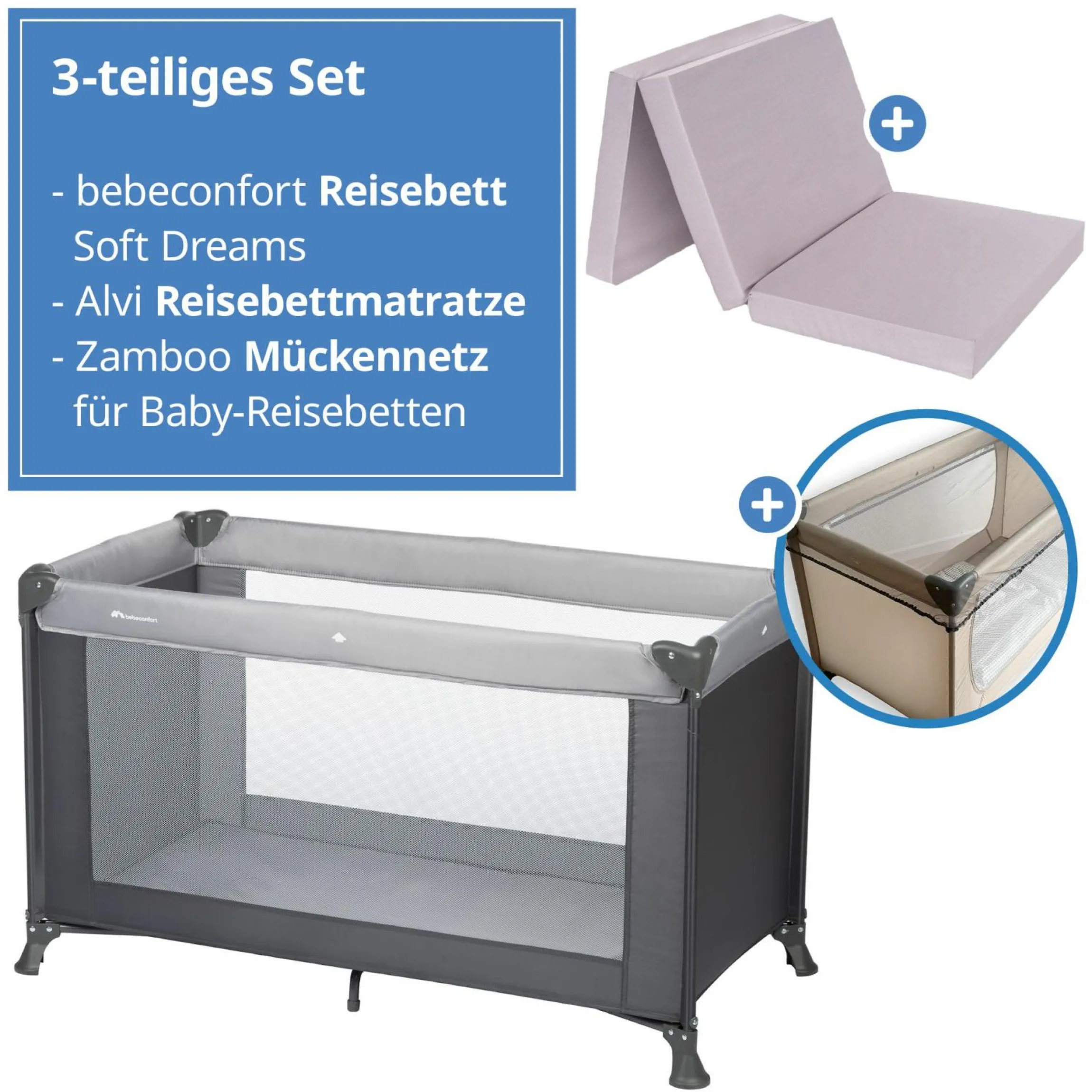 Reisebett Set Soft Dreams ab Geburt bis 15 kg mit Alvi Reisebett-Matratze, Insektenschutz & Transporttasche - Tinted Graphite