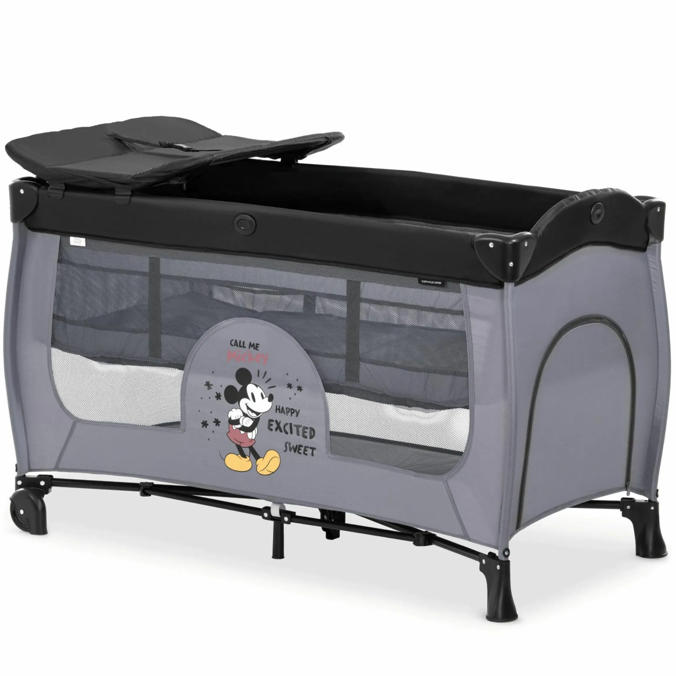 Reisebett Sleep'n Play Center mit Wickelauflage, höhenverstellbar, Rollen & seitlichem Einstieg - Disney - Mickey Mouse Grey