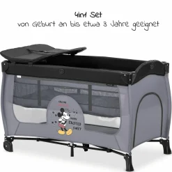 Reisebett Sleep'n Play Center mit Wickelauflage, höhenverstellbar, Rollen & seitlichem Einstieg - Disney - Mickey Mouse Grey