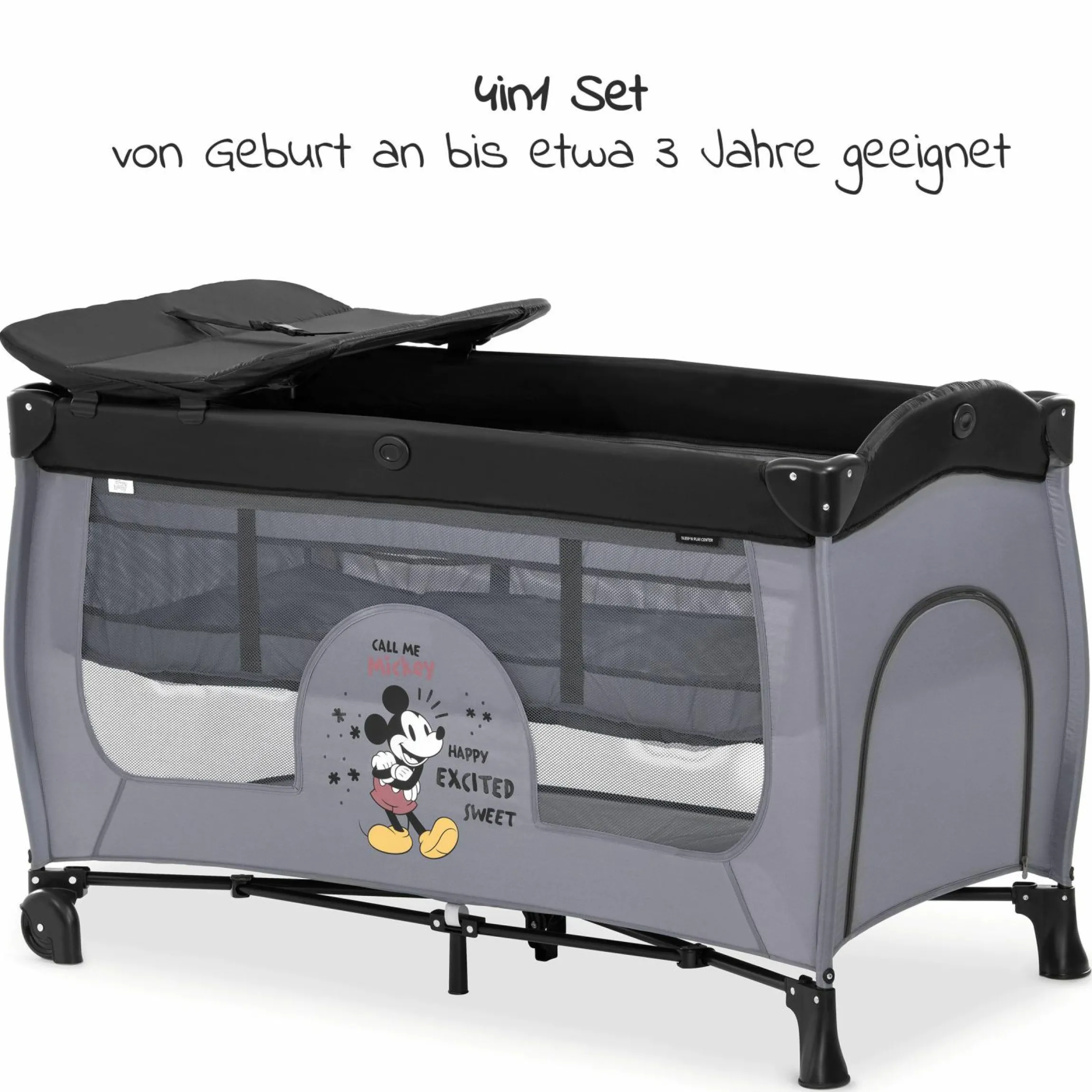 Reisebett Sleep'n Play Center mit Wickelauflage, höhenverstellbar, Rollen & seitlichem Einstieg - Disney - Mickey Mouse Grey