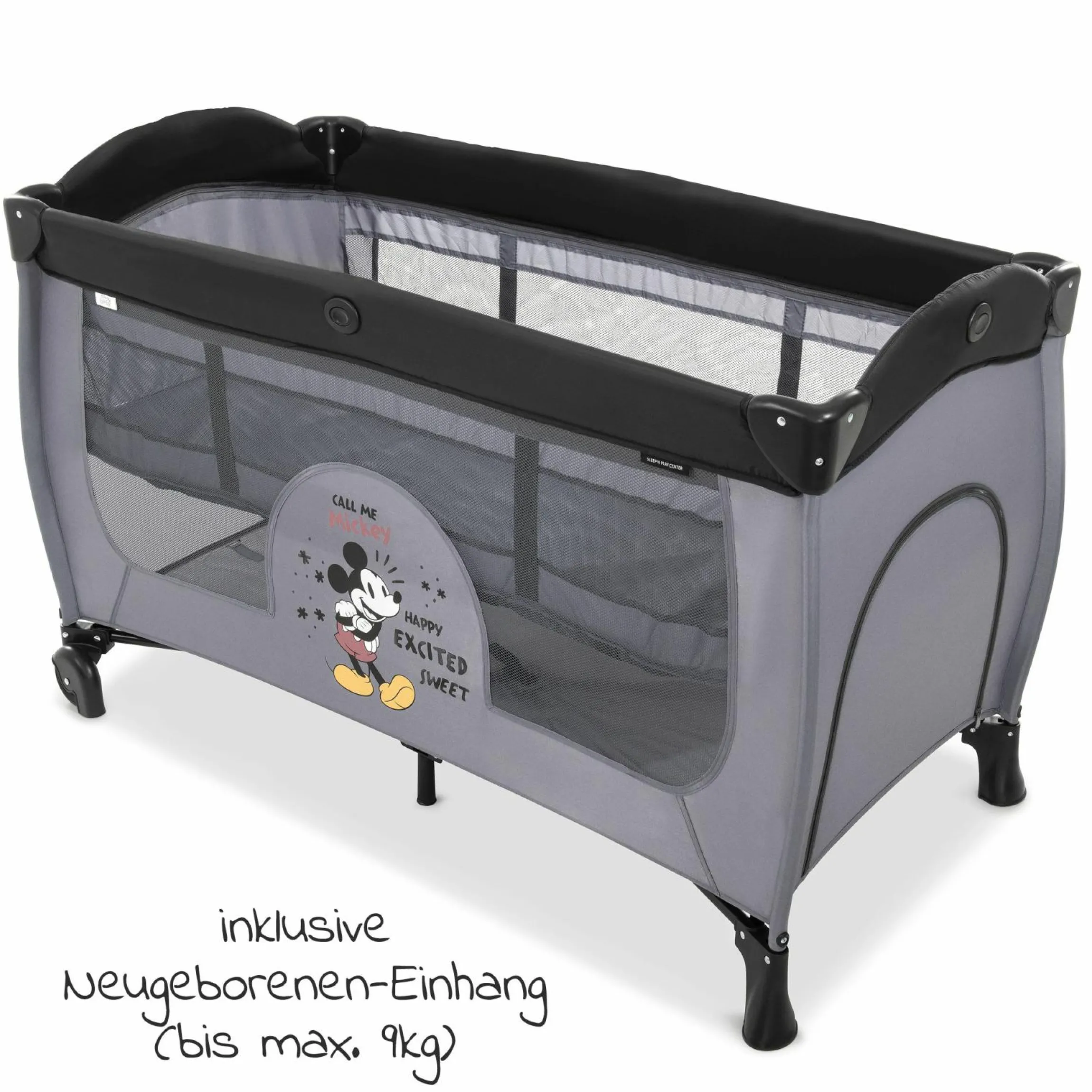 Reisebett Sleep'n Play Center mit Wickelauflage, höhenverstellbar, Rollen & seitlichem Einstieg - Disney - Mickey Mouse Grey