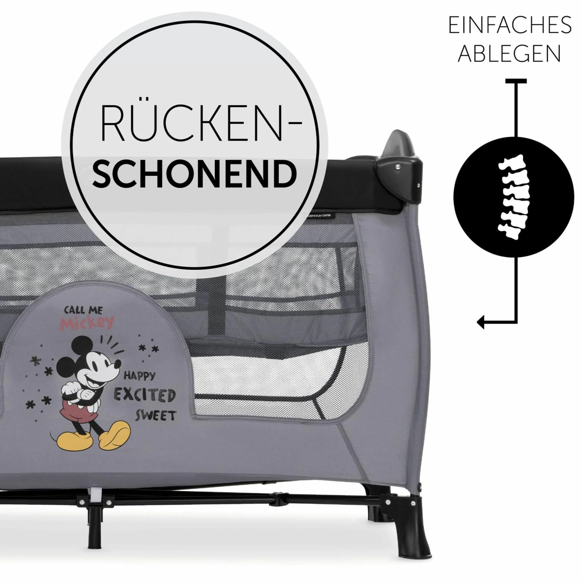 Reisebett Sleep'n Play Center mit Wickelauflage, höhenverstellbar, Rollen & seitlichem Einstieg - Disney - Mickey Mouse Grey