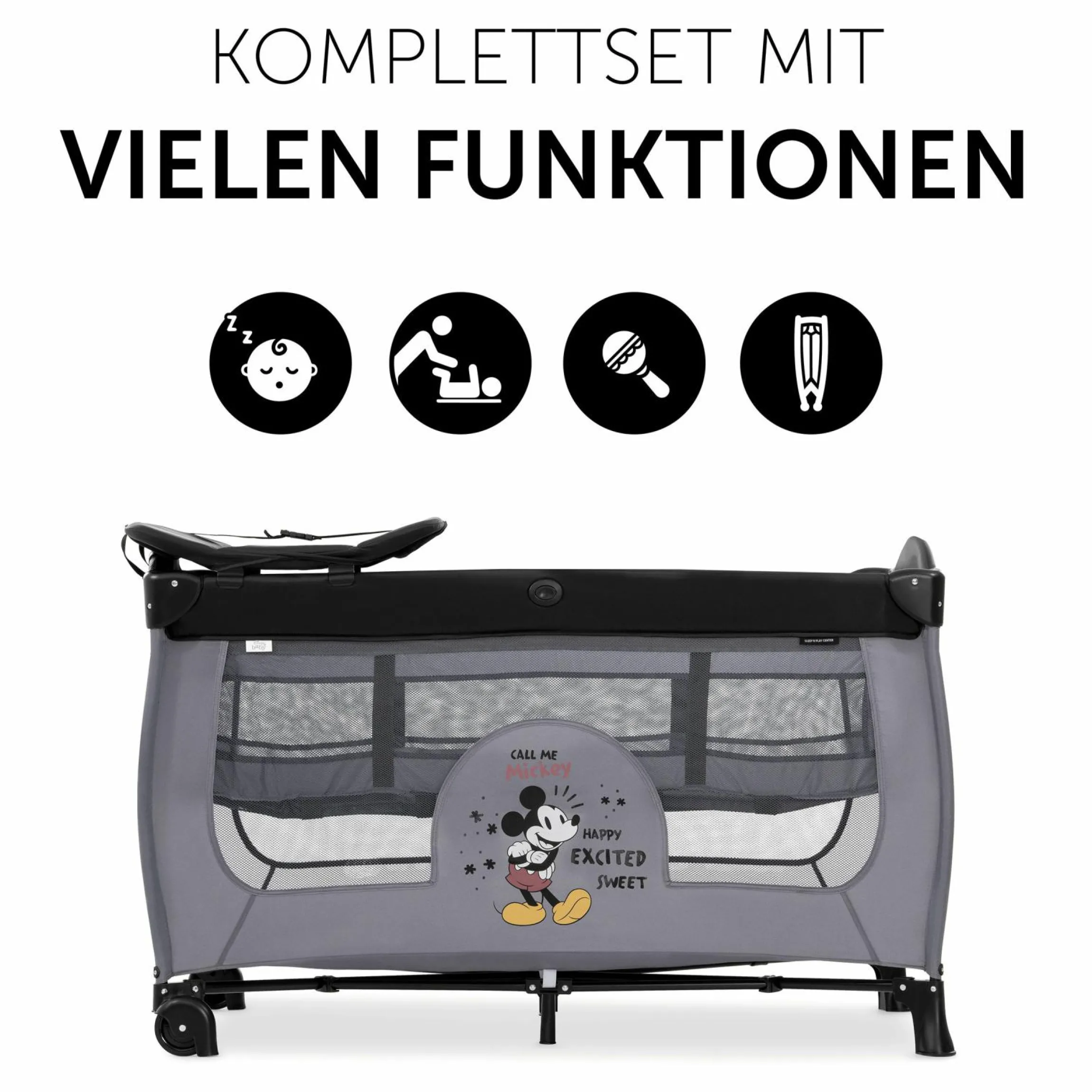 Reisebett Sleep'n Play Center mit Wickelauflage, höhenverstellbar, Rollen & seitlichem Einstieg - Disney - Mickey Mouse Grey