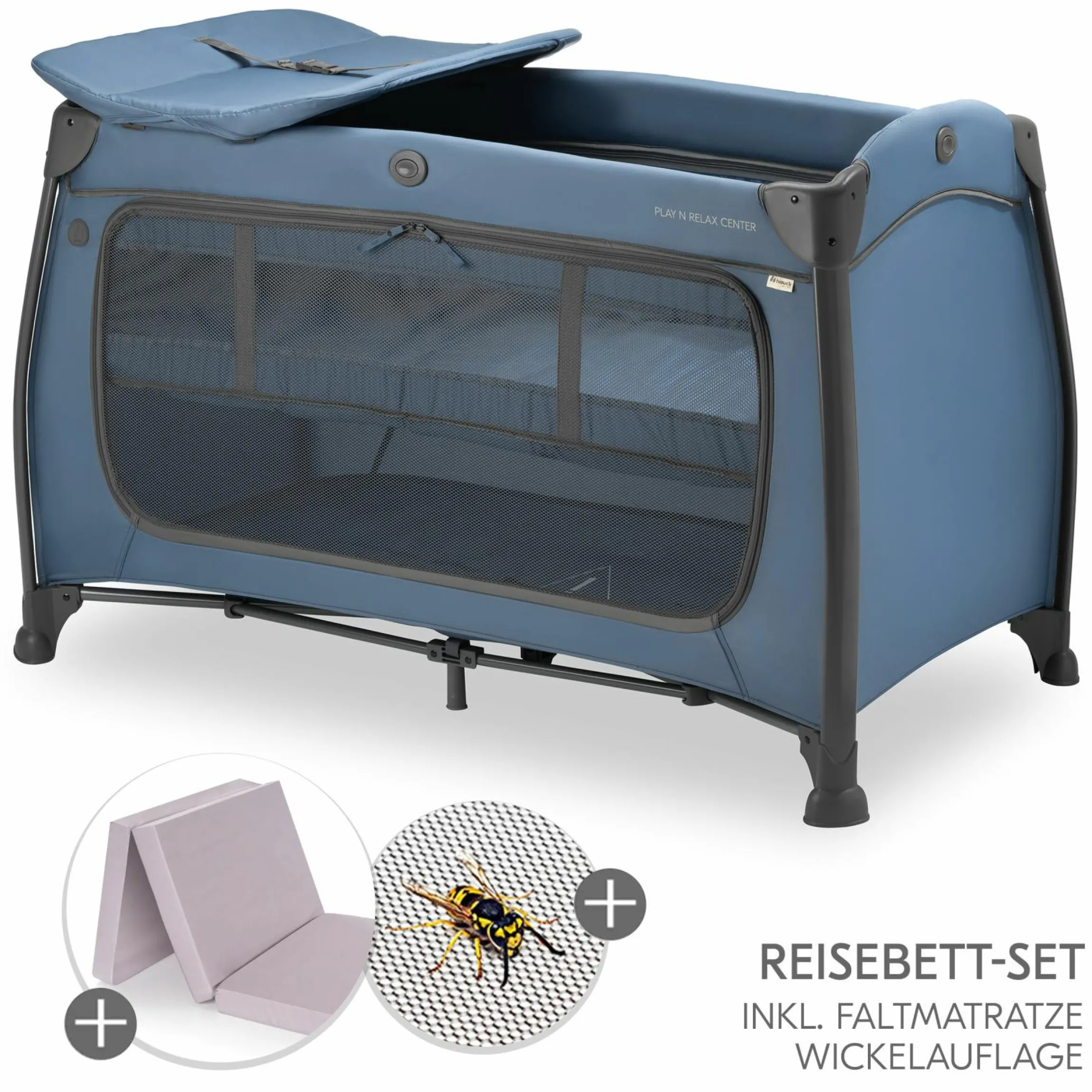 Reisebett Sparset Play N Relax Center inkl. Komfort Matratze, Einhang, Wickelauflage & Moskitonetz - Dark Blue