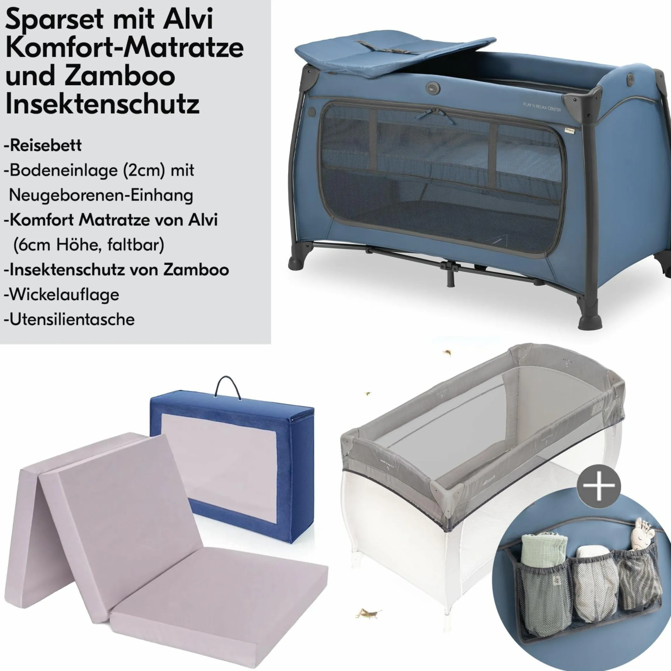 Reisebett Sparset Play N Relax Center inkl. Komfort Matratze, Einhang, Wickelauflage & Moskitonetz - Dark Blue