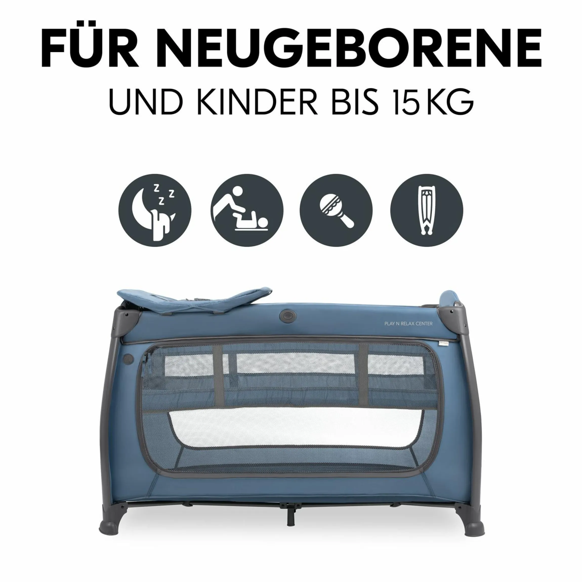 Reisebett Sparset Play N Relax Center inkl. Komfort Matratze, Einhang, Wickelauflage & Moskitonetz - Dark Blue