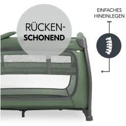 Reisebett Sparset Play N Relax Center inkl. Komfort Matratze, Einhang, Wickelauflage & Moskitonetz - Dark Green