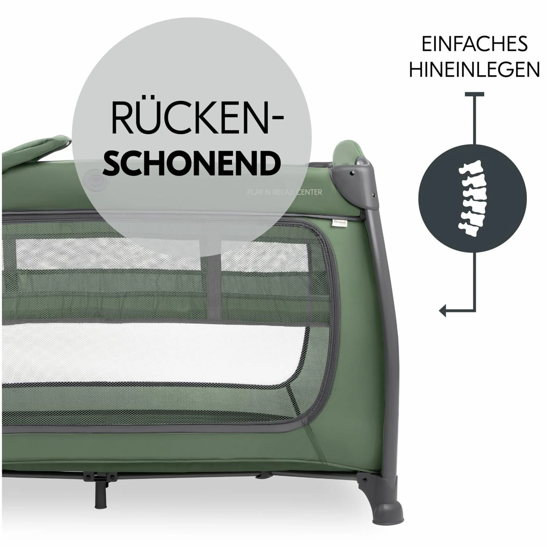 Reisebett Sparset Play N Relax Center inkl. Komfort Matratze, Einhang, Wickelauflage & Moskitonetz - Dark Green