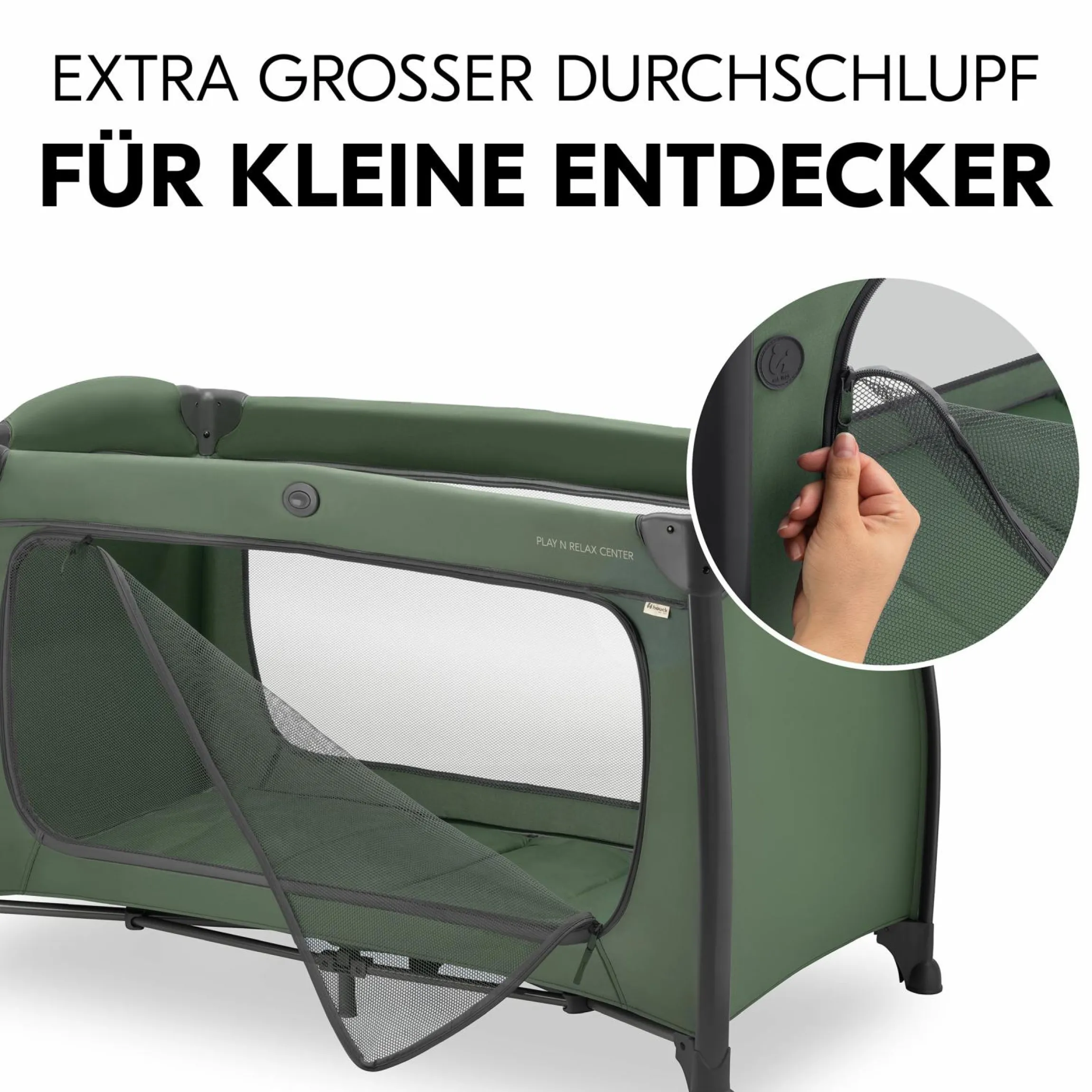 Reisebett Sparset Play N Relax Center inkl. Komfort Matratze, Einhang, Wickelauflage & Moskitonetz - Dark Green