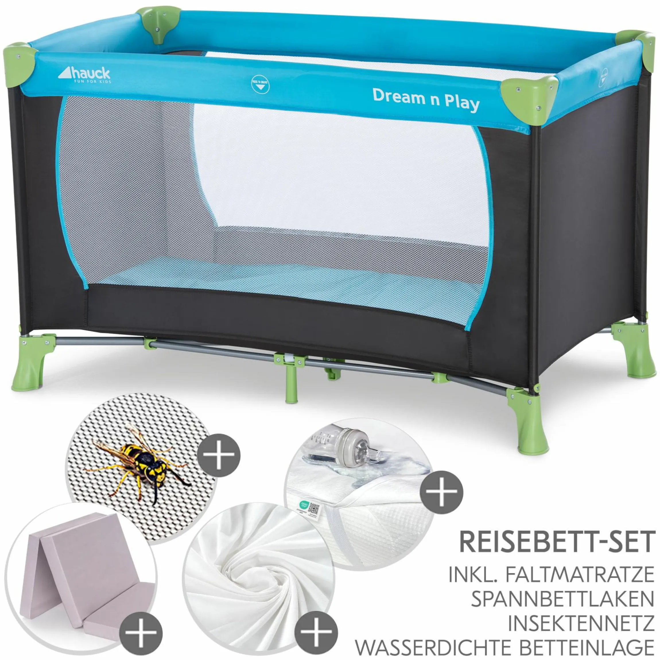 Reisebett XXL-Sparset - Dream`n Play inkl. Alvi Reisebett-Matratze + Wasserdichte Betteinlage + 2 Spannbettlaken + Insektenschutz - Waterblue