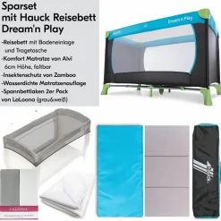 Reisebett XXL-Sparset - Dream`n Play inkl. Alvi Reisebett-Matratze + Wasserdichte Betteinlage + 2 Spannbettlaken + Insektenschutz - Waterblue