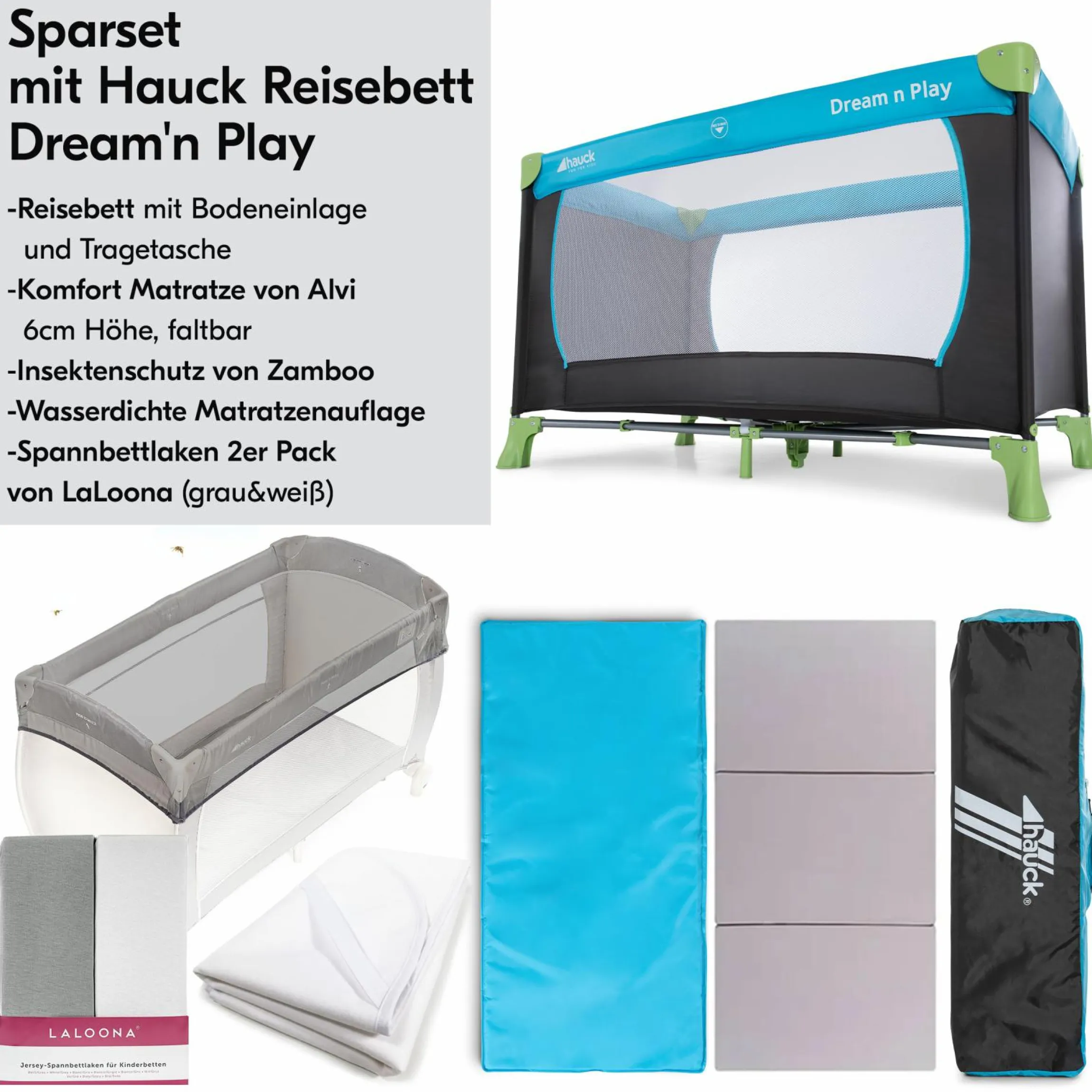 Reisebett XXL-Sparset - Dream`n Play inkl. Alvi Reisebett-Matratze + Wasserdichte Betteinlage + 2 Spannbettlaken + Insektenschutz - Waterblue