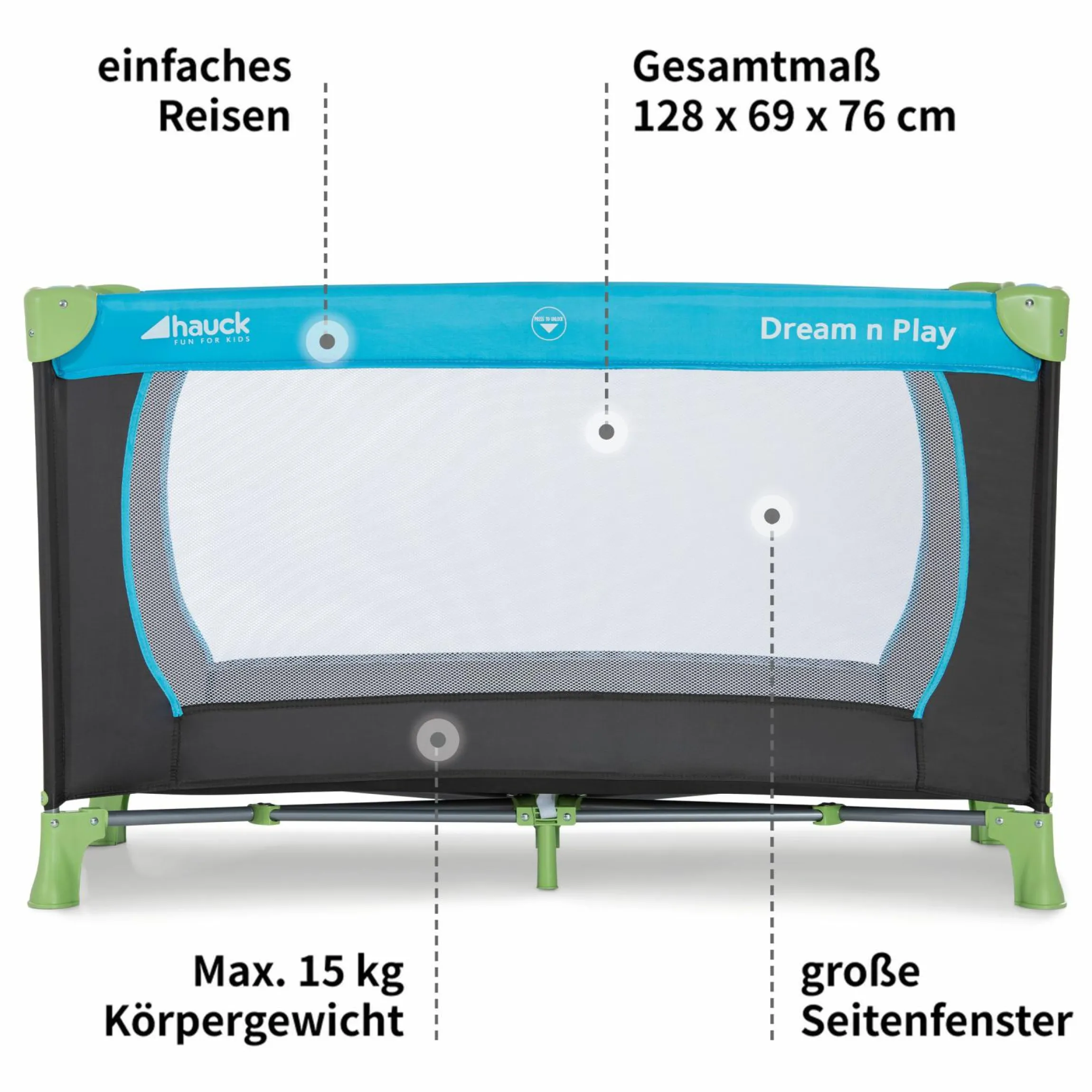 Reisebett XXL-Sparset - Dream`n Play inkl. Alvi Reisebett-Matratze + Wasserdichte Betteinlage + 2 Spannbettlaken + Insektenschutz - Waterblue