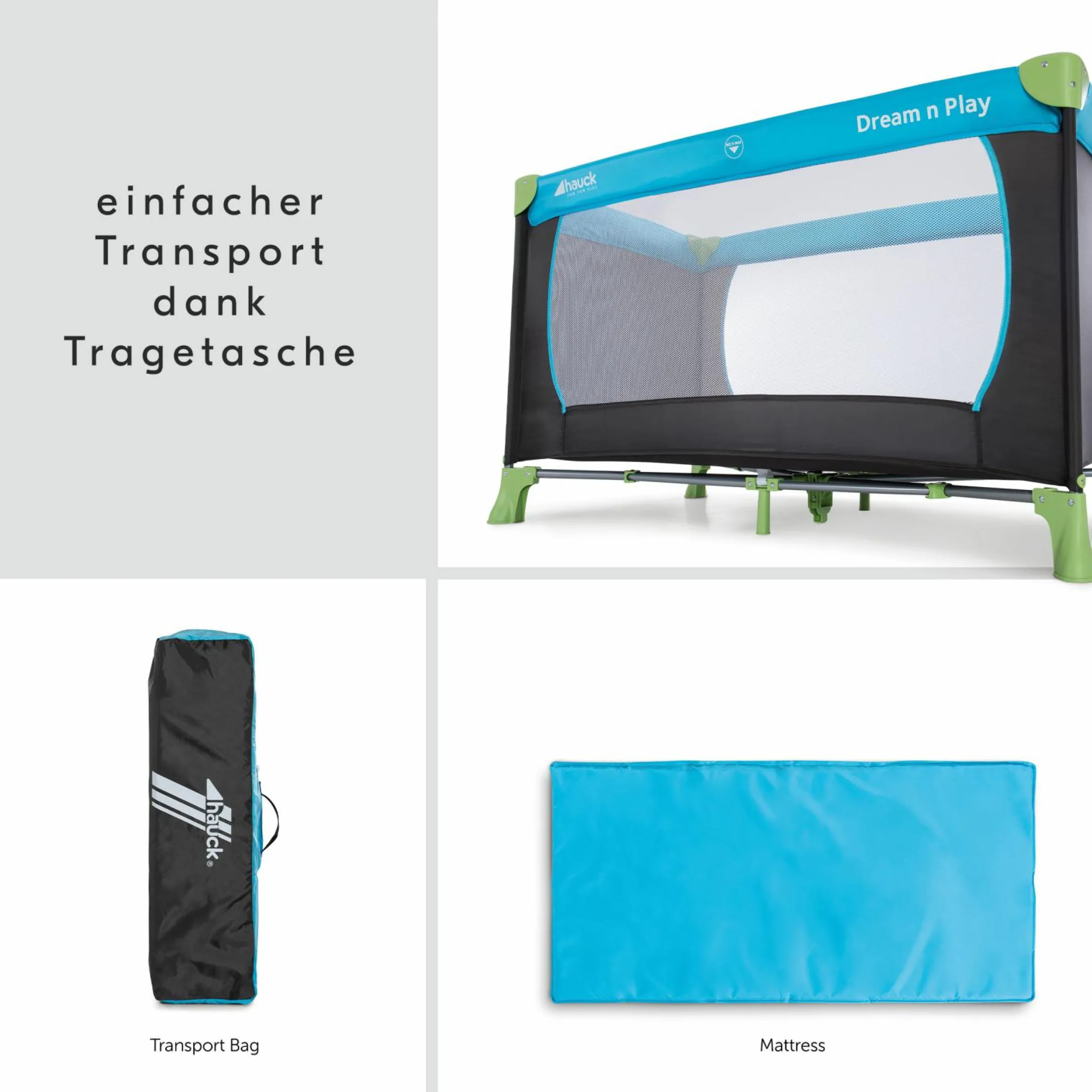 Reisebett XXL-Sparset - Dream`n Play inkl. Alvi Reisebett-Matratze + Wasserdichte Betteinlage + 2 Spannbettlaken + Insektenschutz - Waterblue