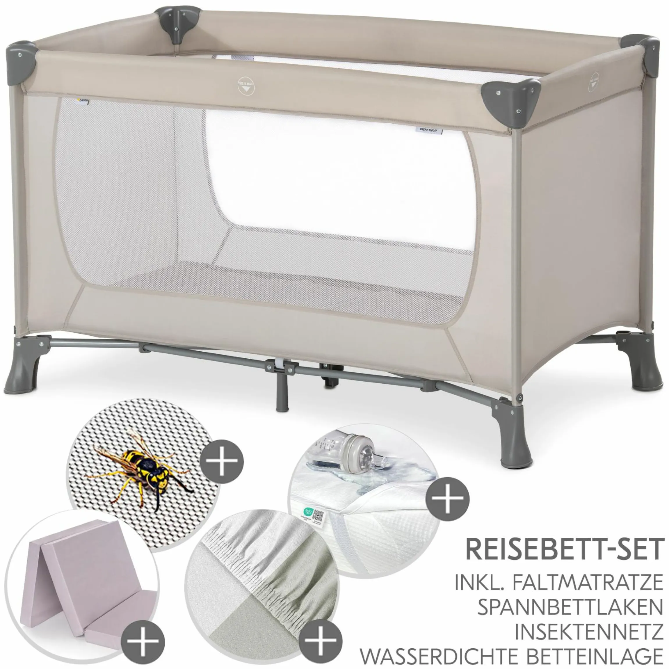 Reisebett XXL-Sparset - Dream`n Play inkl. Alvi Reisebett-Matratze + Wasserdichte Betteinlage + 2 Spannbettlaken + Insektenschutz - Beige
