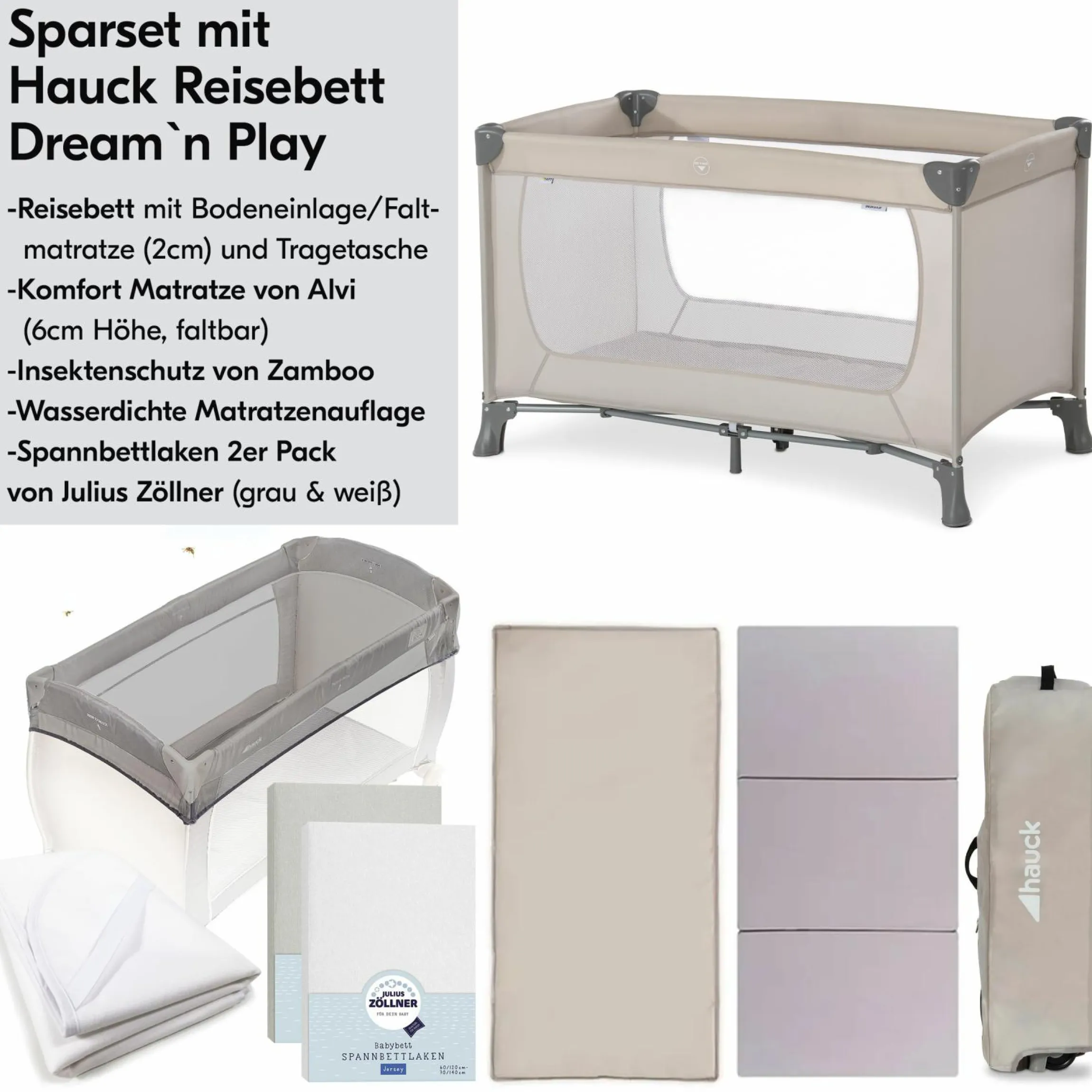 Reisebett XXL-Sparset - Dream`n Play inkl. Alvi Reisebett-Matratze + Wasserdichte Betteinlage + 2 Spannbettlaken + Insektenschutz - Beige