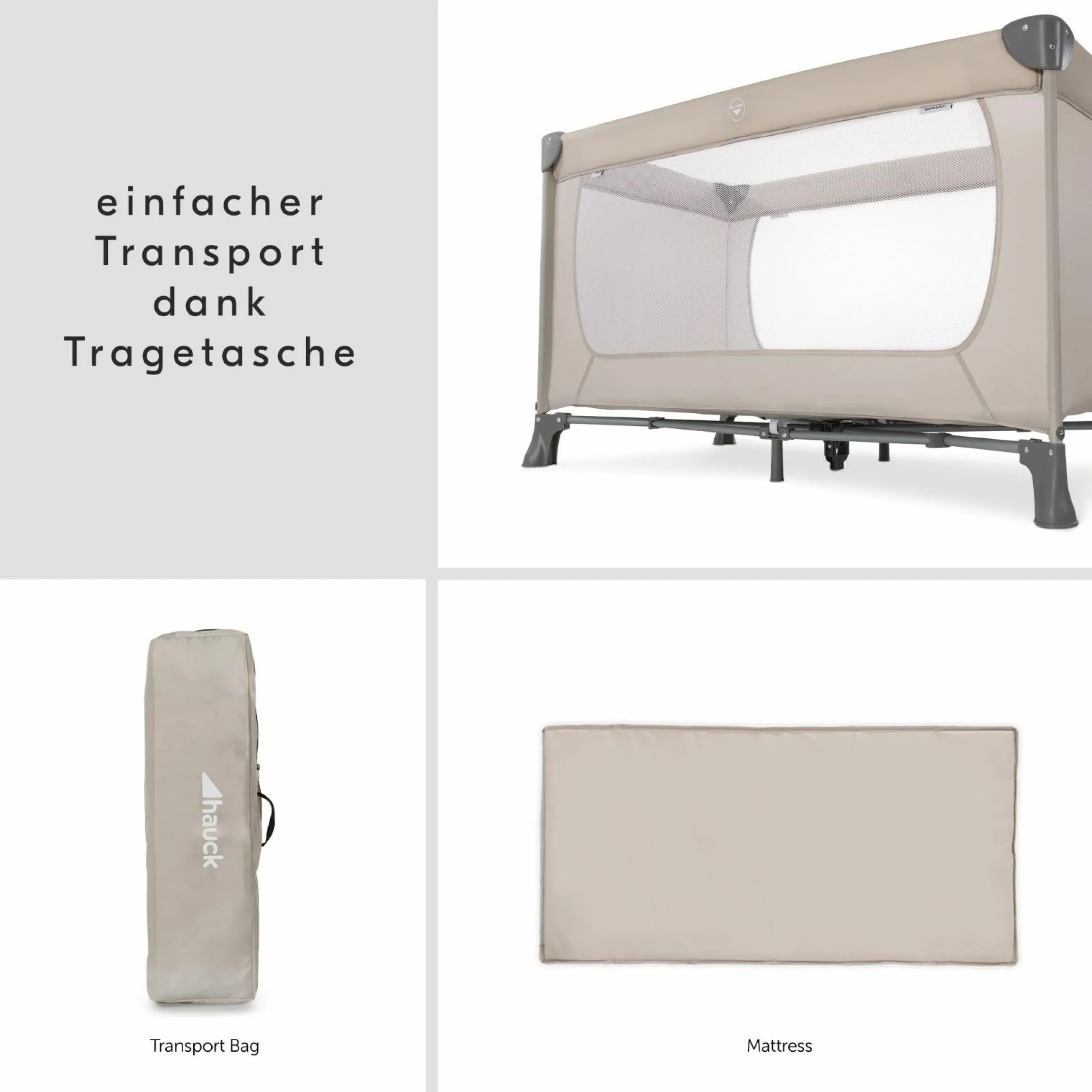 Reisebett XXL-Sparset - Dream`n Play inkl. Alvi Reisebett-Matratze + Wasserdichte Betteinlage + 2 Spannbettlaken + Insektenschutz - Beige