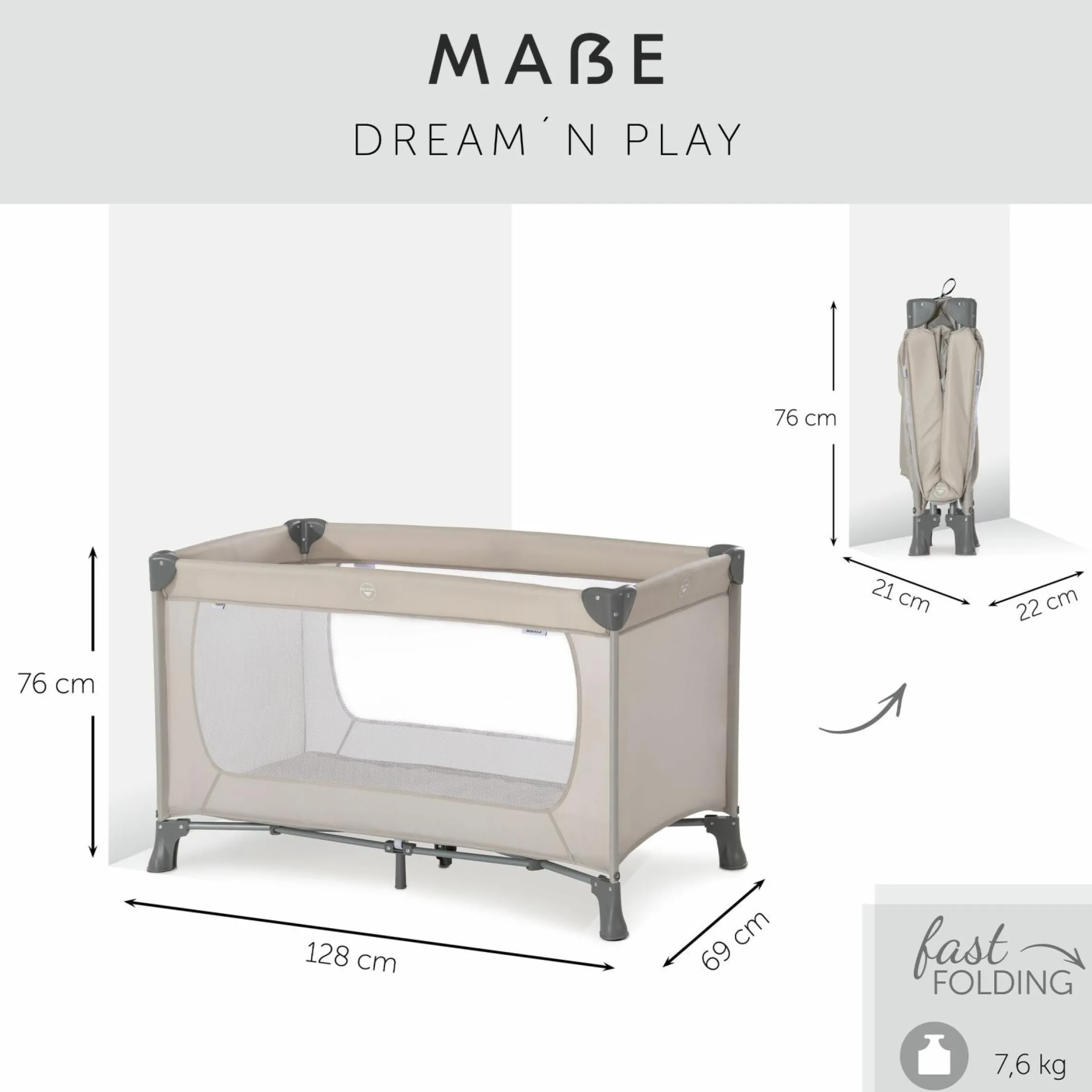 Reisebett XXL-Sparset - Dream`n Play inkl. Alvi Reisebett-Matratze + Wasserdichte Betteinlage + 2 Spannbettlaken + Insektenschutz - Beige