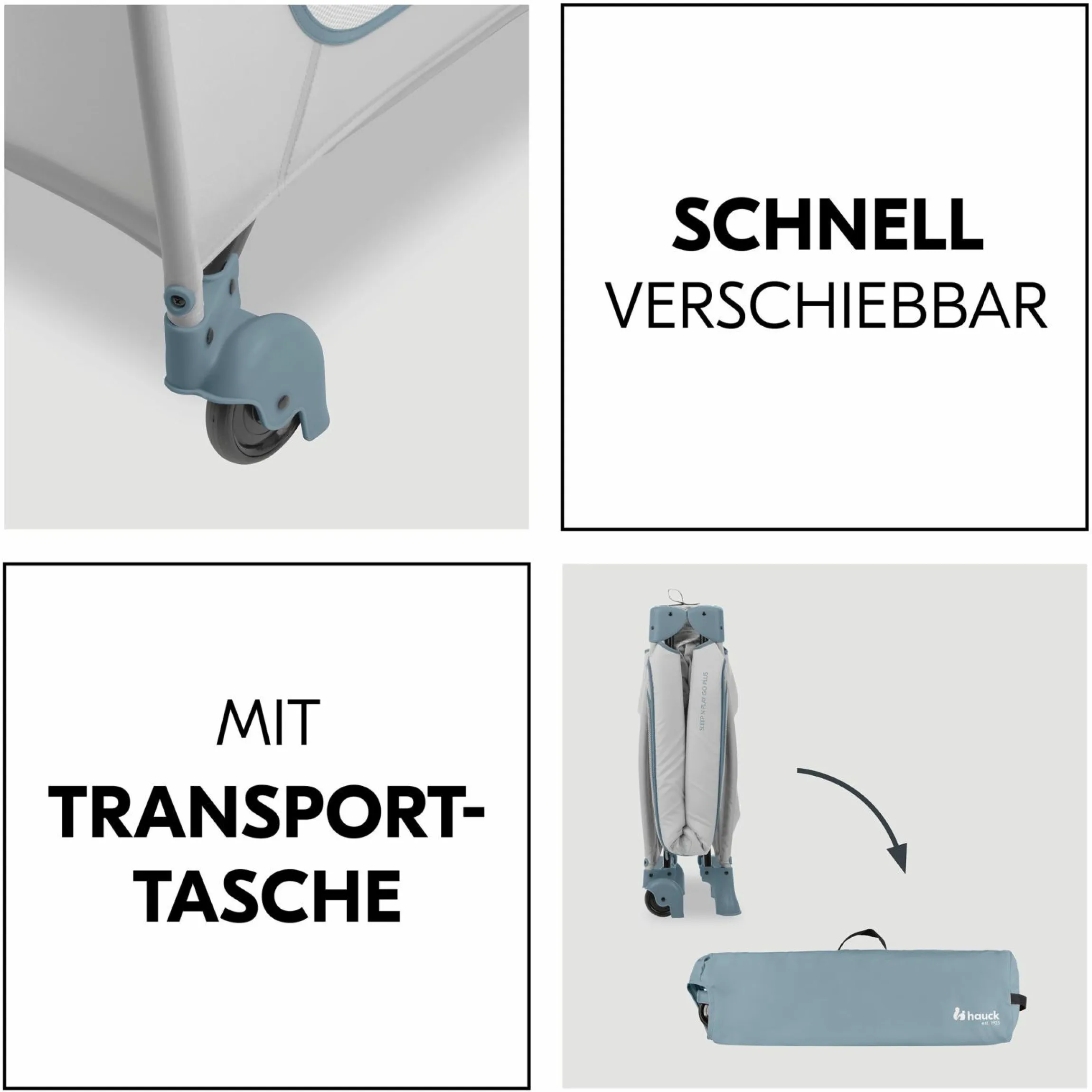Reisebett XXL-Sparset - Sleep N Play Go Plus inkl. Alvi Reisebett-Matratze + Wasserdichte Betteinlage + 2 Spannbettlaken + Insektenschutz - Dusty Blue