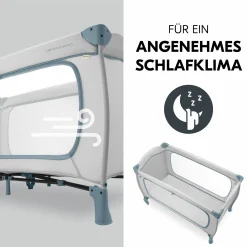 Reisebett XXL-Sparset - Sleep N Play Go Plus inkl. Alvi Reisebett-Matratze + Wasserdichte Betteinlage + 2 Spannbettlaken + Insektenschutz - Dusty Blue