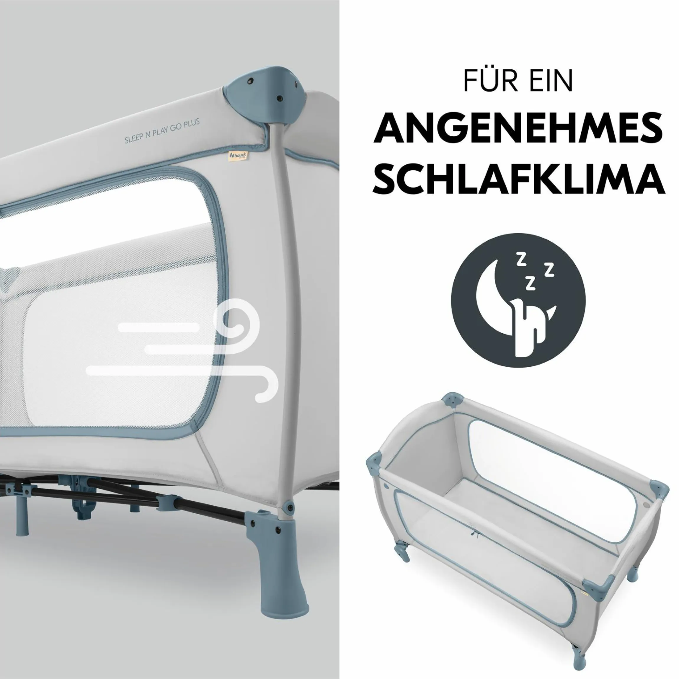 Reisebett XXL-Sparset - Sleep N Play Go Plus inkl. Alvi Reisebett-Matratze + Wasserdichte Betteinlage + 2 Spannbettlaken + Insektenschutz - Dusty Blue