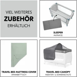 Reisebett XXL-Sparset - Sleep N Play Go Plus inkl. Alvi Reisebett-Matratze + Wasserdichte Betteinlage + 2 Spannbettlaken + Insektenschutz - Dusty Blue