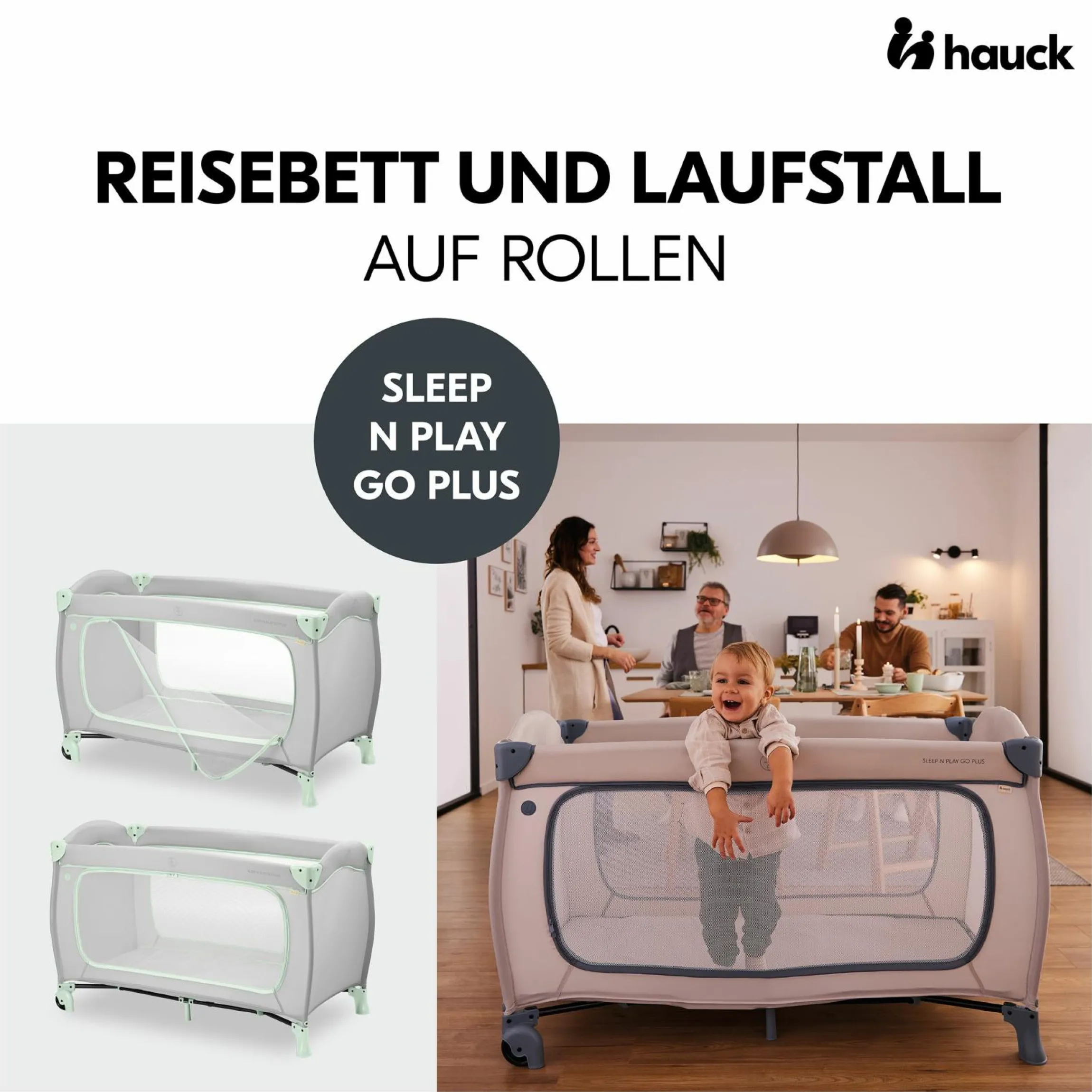 Reisebett XXL-Sparset - Sleep N Play Go Plus inkl. Alvi Reisebett-Matratze + Wasserdichte Betteinlage + 2 Spannbettlaken + Insektenschutz - Dusty Mint