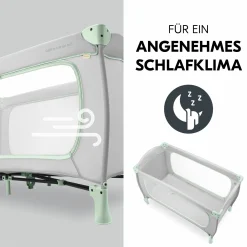 Reisebett XXL-Sparset - Sleep N Play Go Plus inkl. Alvi Reisebett-Matratze + Wasserdichte Betteinlage + 2 Spannbettlaken + Insektenschutz - Dusty Mint