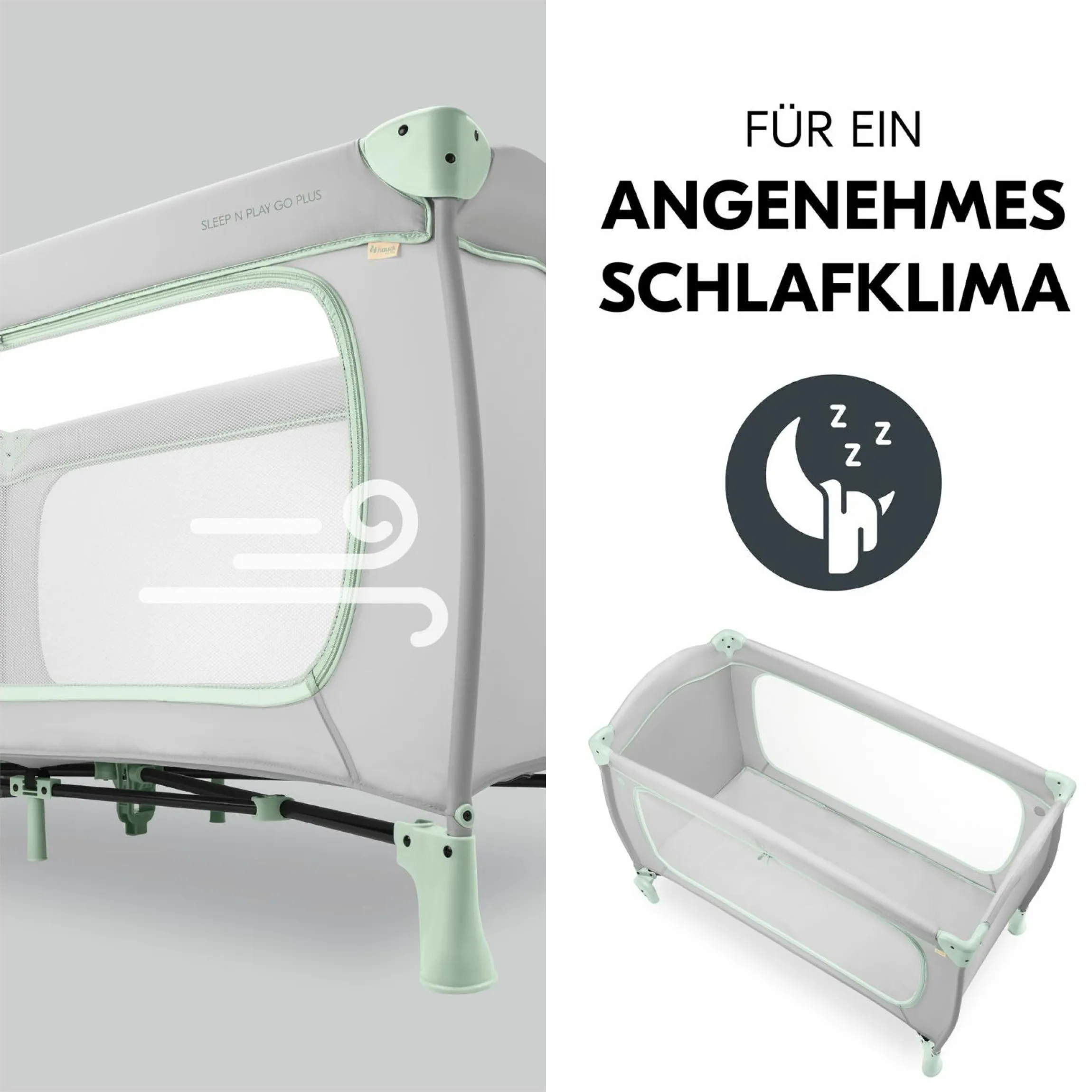 Reisebett XXL-Sparset - Sleep N Play Go Plus inkl. Alvi Reisebett-Matratze + Wasserdichte Betteinlage + 2 Spannbettlaken + Insektenschutz - Dusty Mint