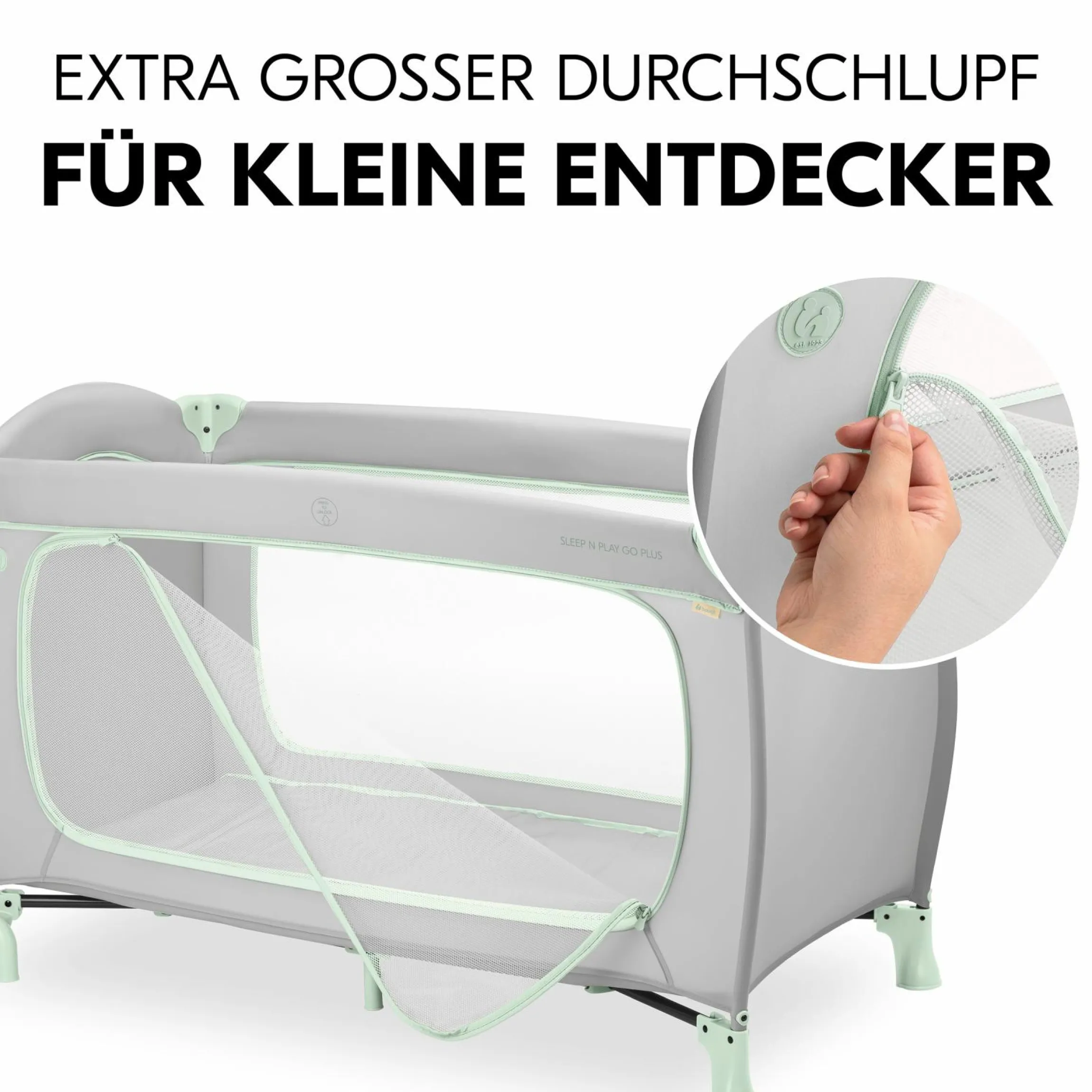 Reisebett XXL-Sparset - Sleep N Play Go Plus inkl. Alvi Reisebett-Matratze + Wasserdichte Betteinlage + 2 Spannbettlaken + Insektenschutz - Dusty Mint